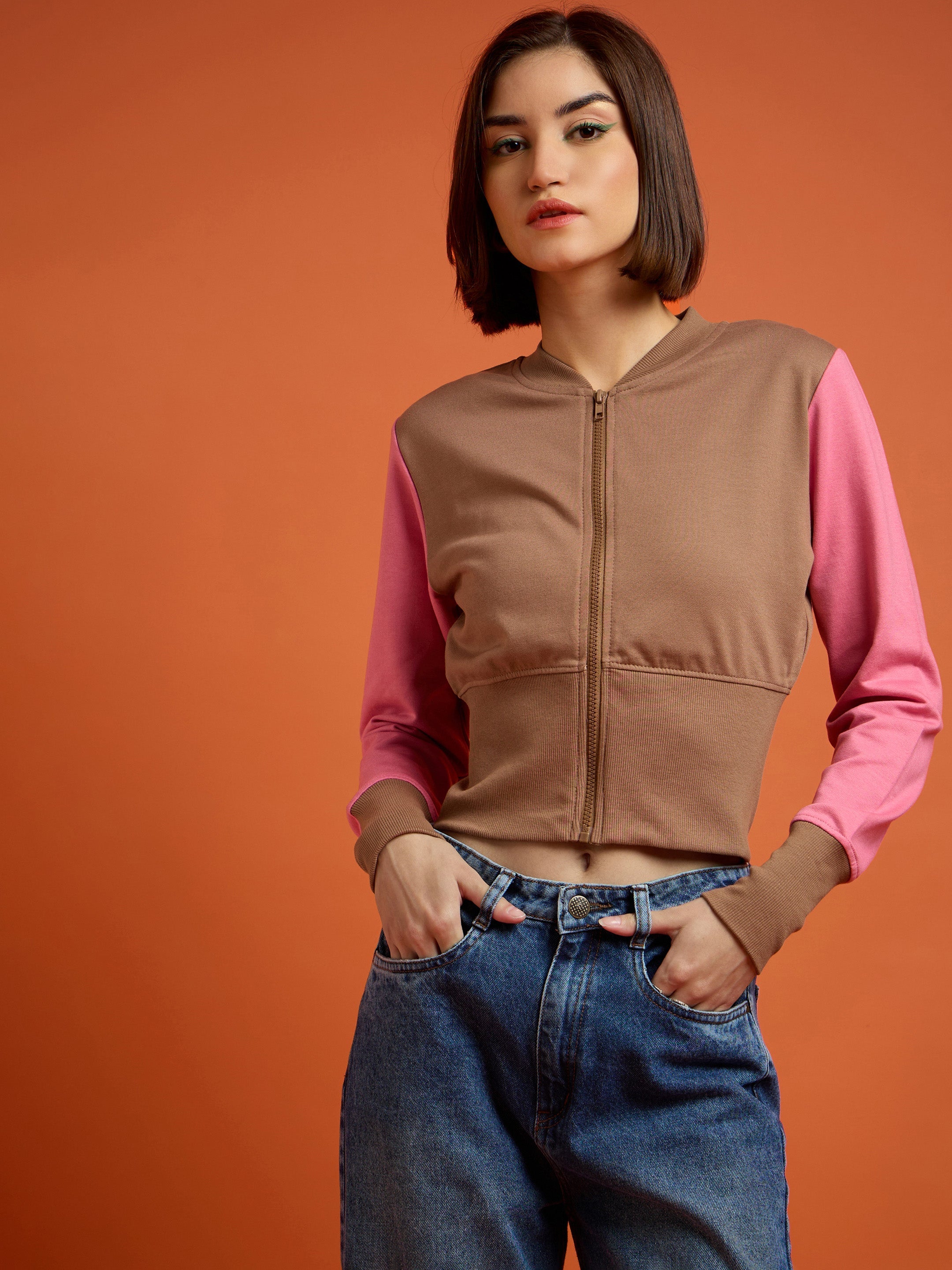 Women Brown WHO CARES Color Block Crop Jacket