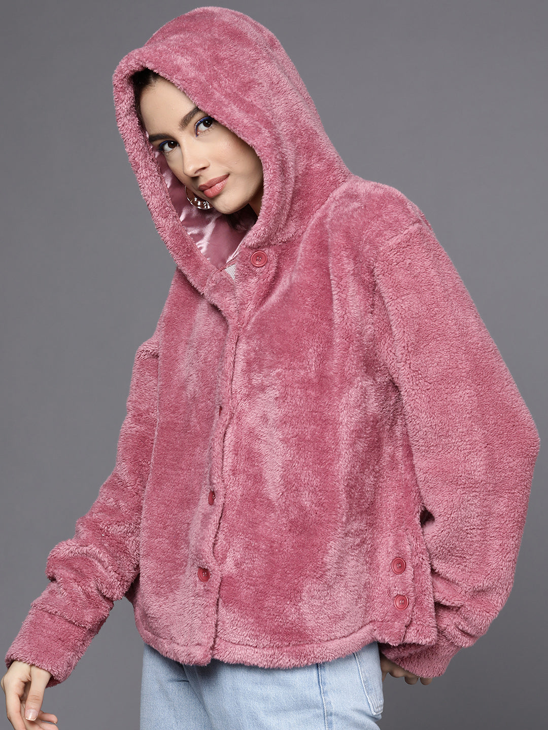 Women Pink Faux Fur Front Button Hooded Jacket