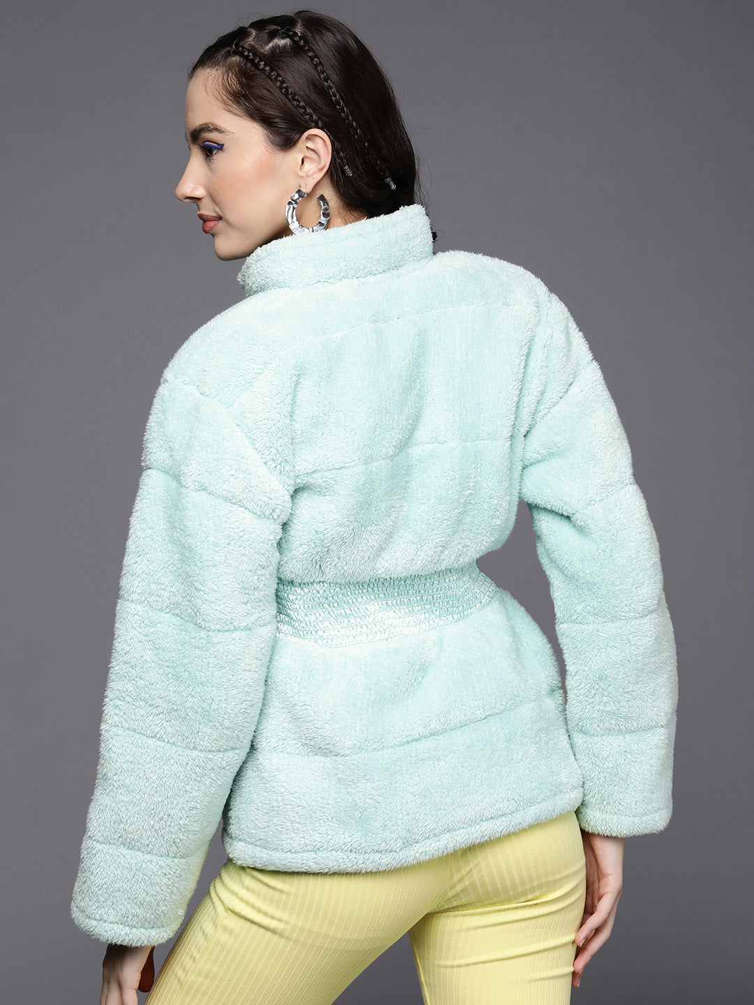 Women Blue Elasticated Waistband Quilted Fur Jacket