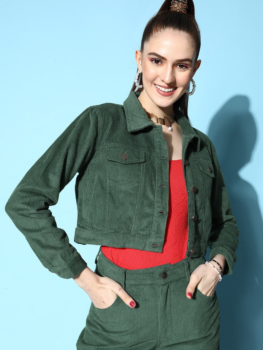 Women Green Corduroy Boxy Jacket