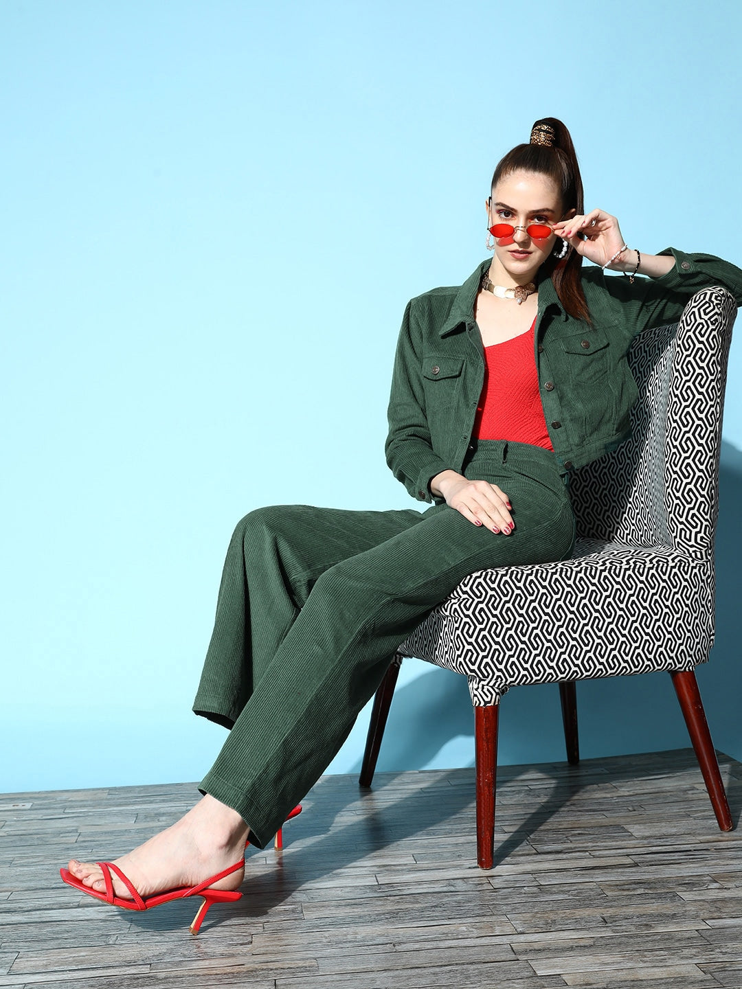 Women Green Corduroy Boxy Jacket