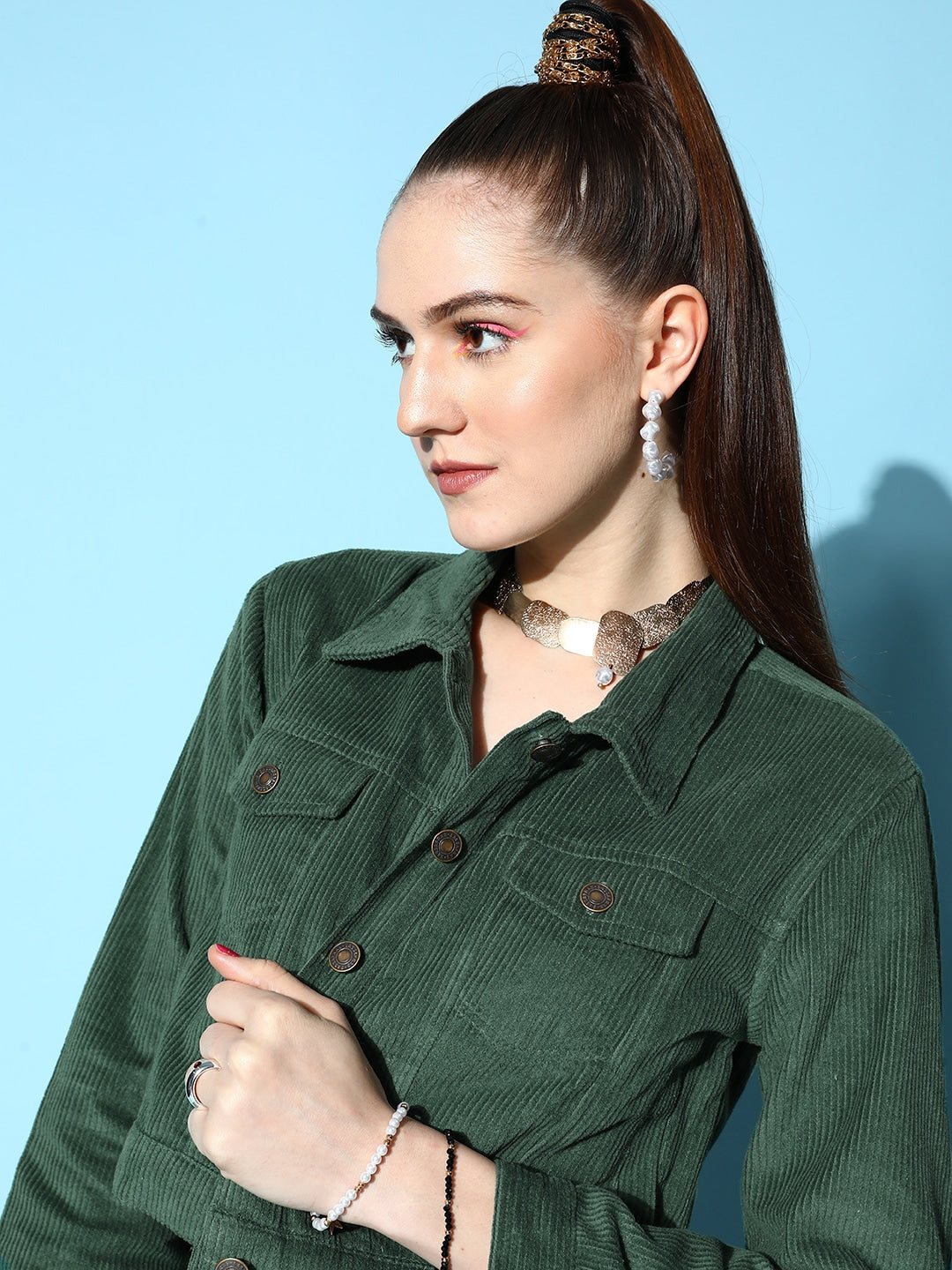 Women Green Corduroy Boxy Jacket