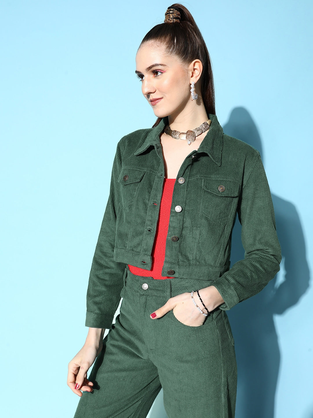 Women Green Corduroy Boxy Jacket