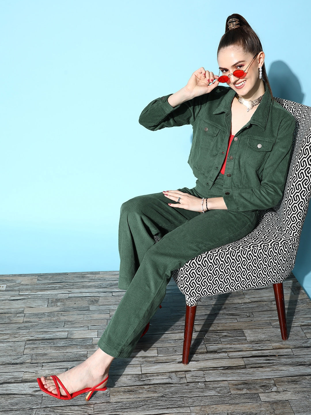 Women Green Corduroy Boxy Jacket