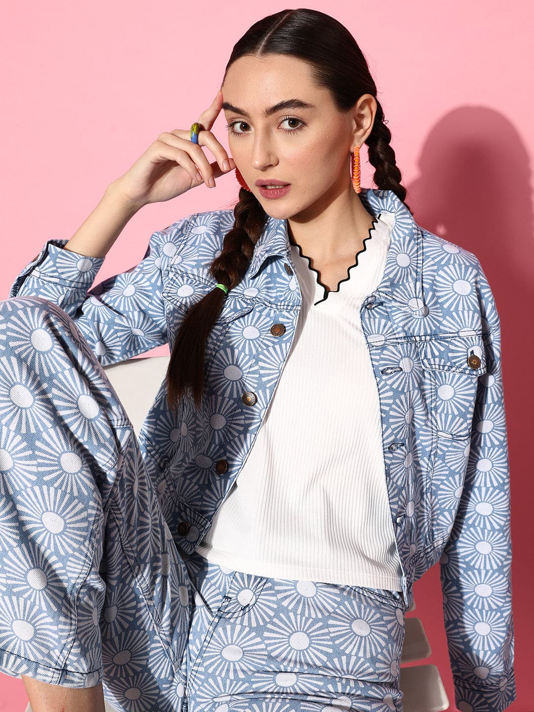 Women Blue Floral Print Denim Jacket