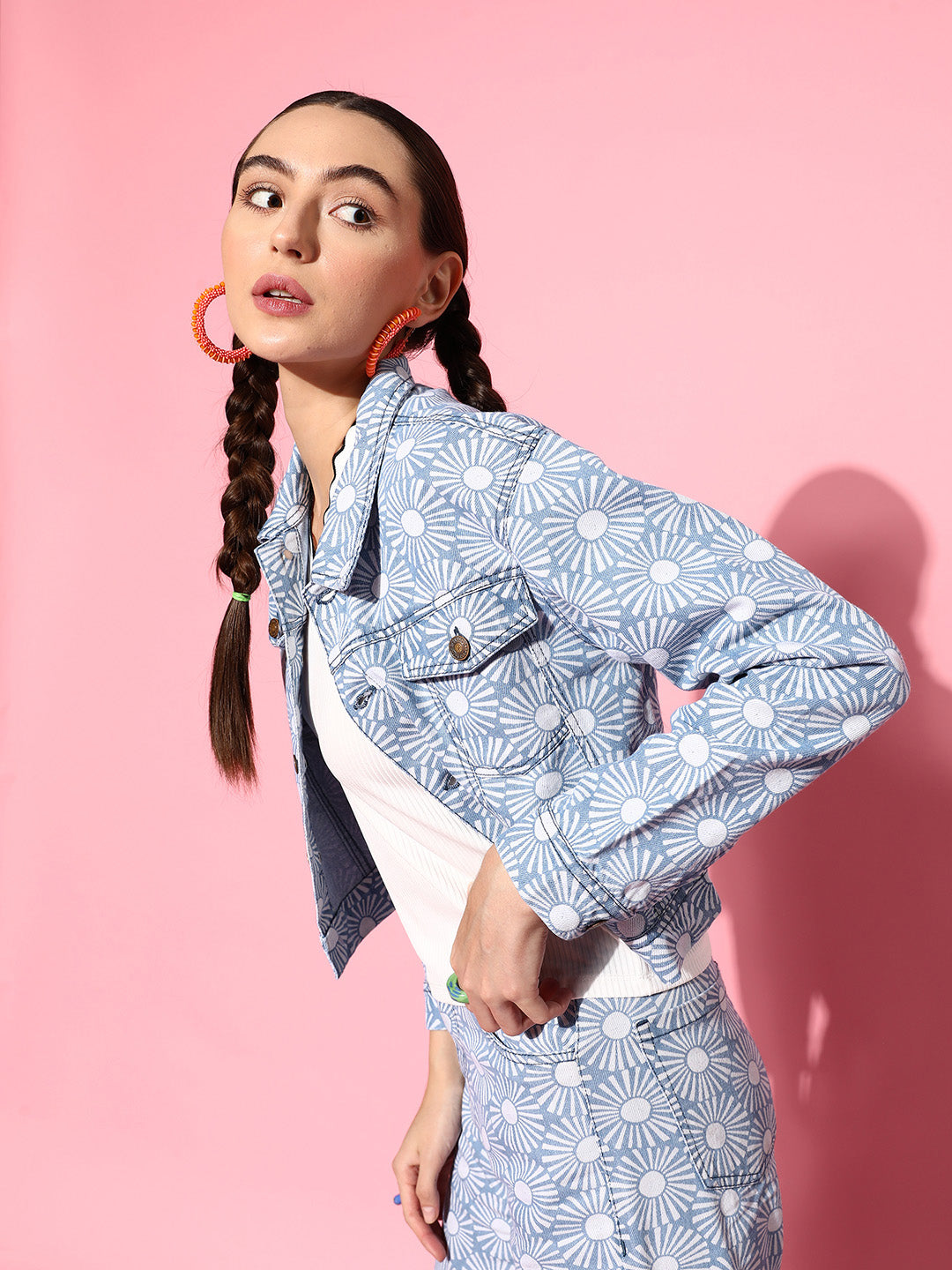 Women Blue Floral Print Denim Jacket