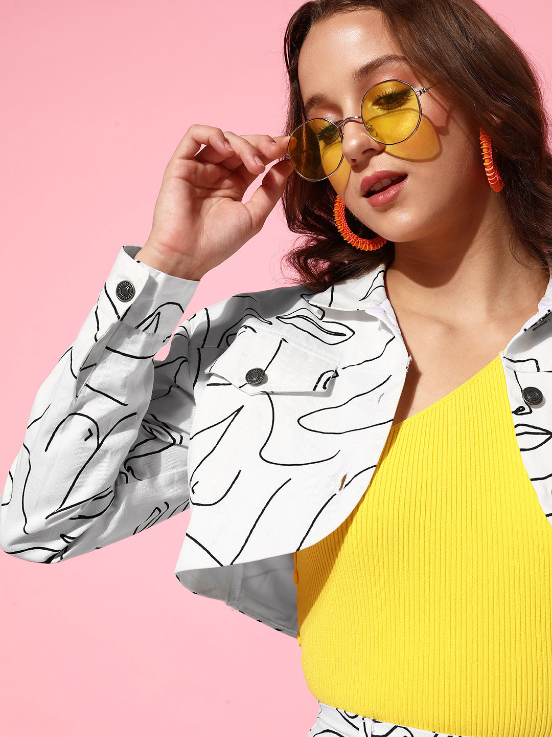 Women White Twill Face Print Curved Hem Jacket