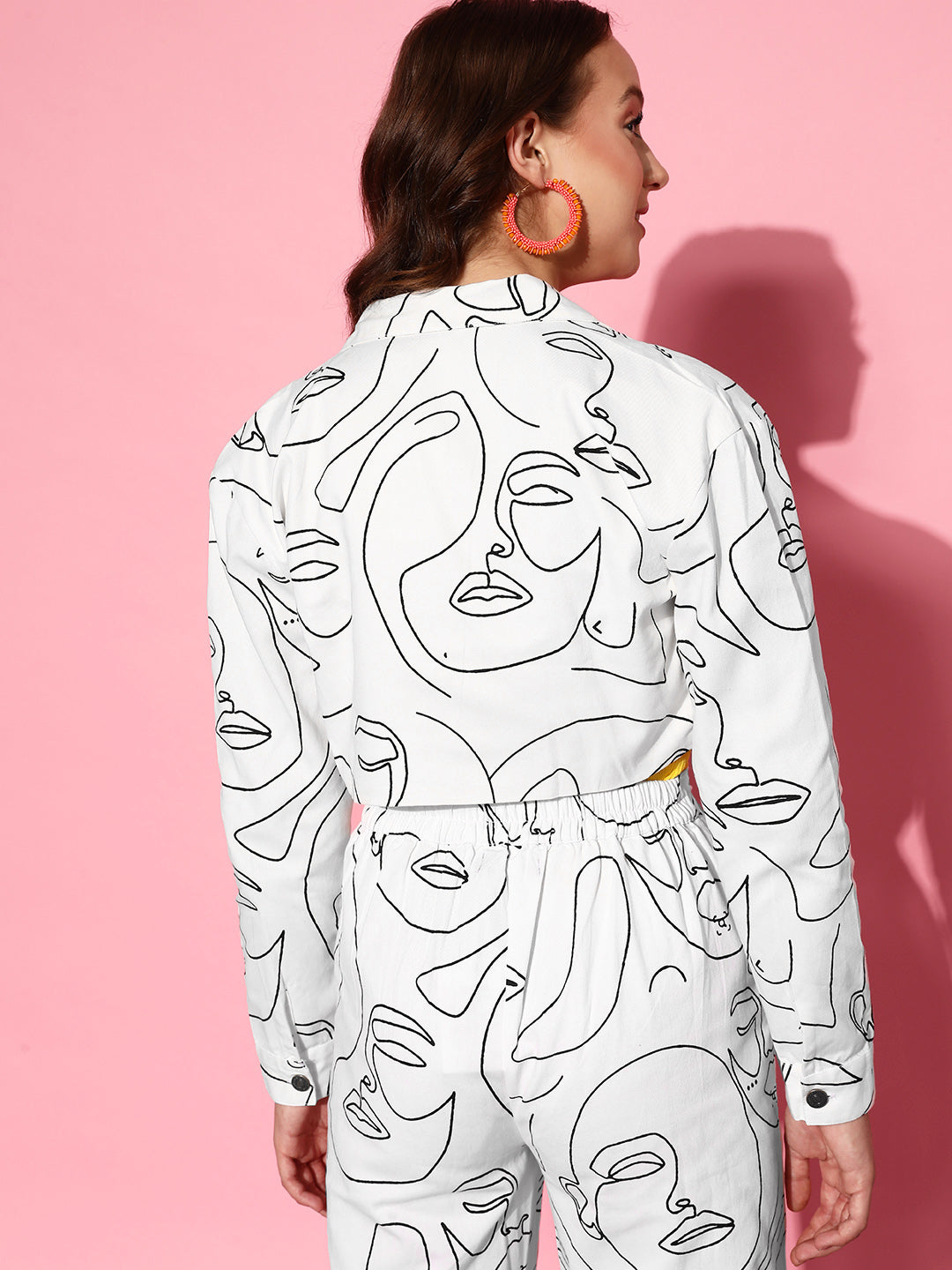 Women White Twill Face Print Curved Hem Jacket