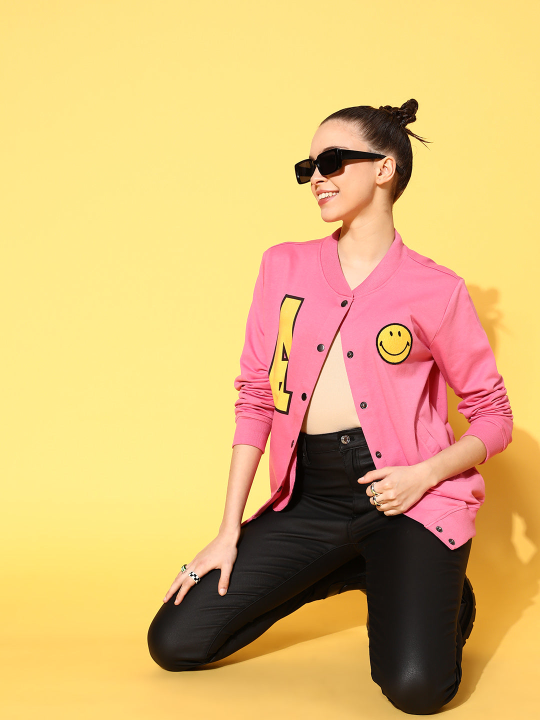 Women Pink Terry Smiley Patch Printed Varsity Jacket