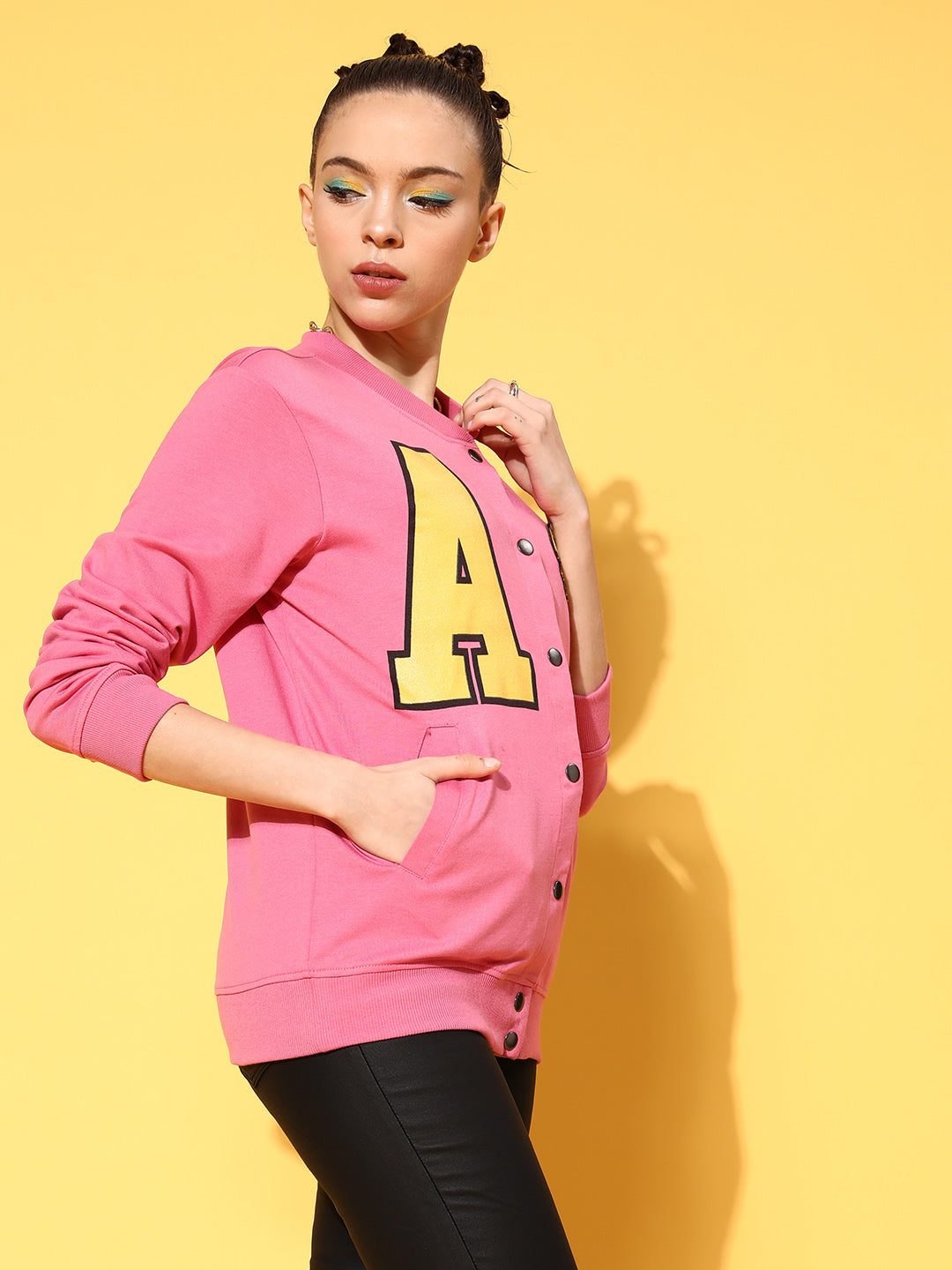 Women Pink Terry Smiley Patch Printed Varsity Jacket