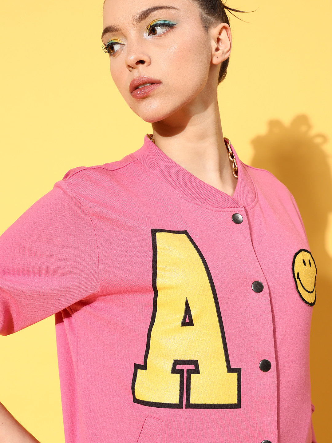 Women Pink Terry Smiley Patch Printed Varsity Jacket