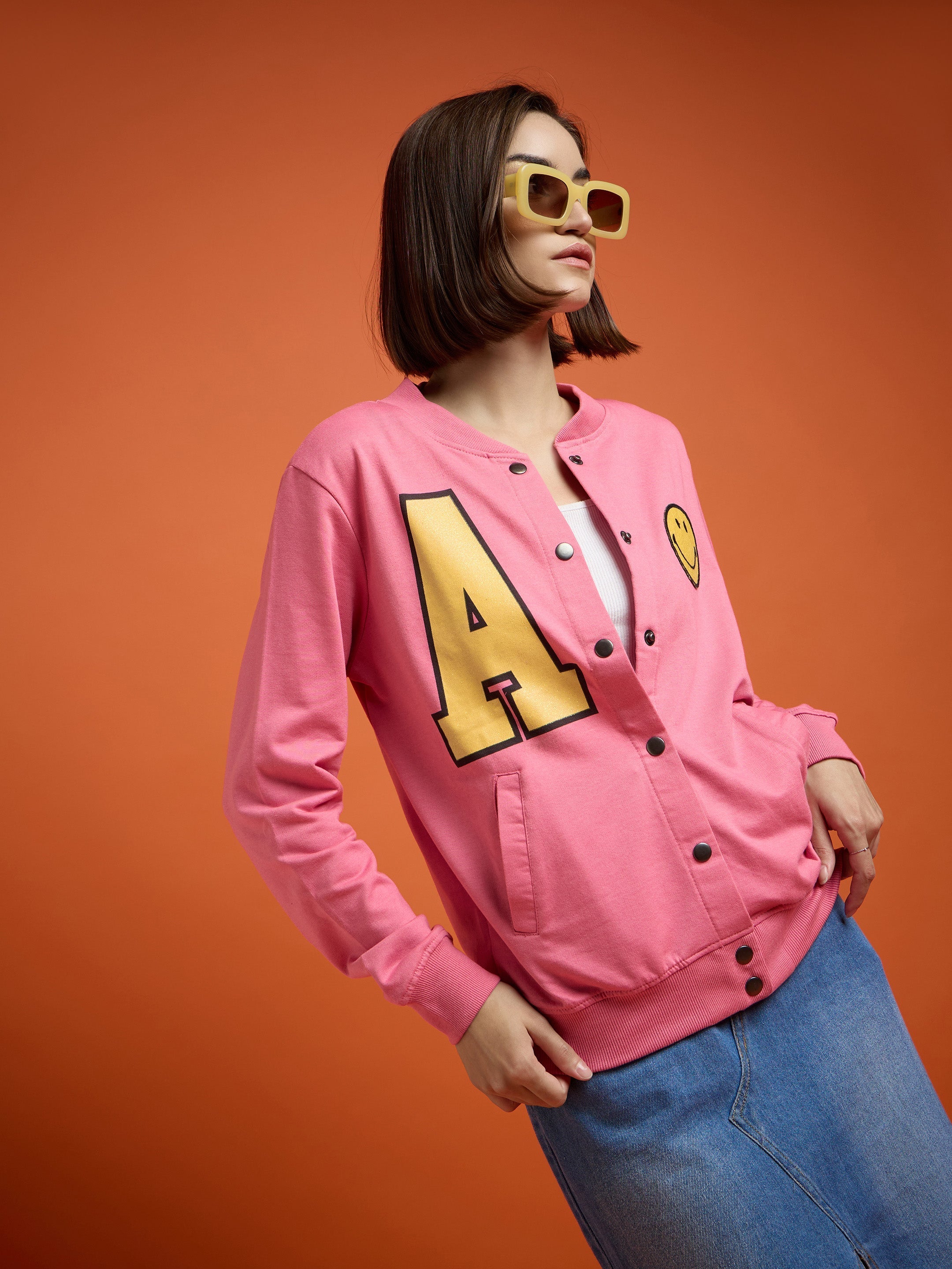 Women Pink Terry Smiley Patch Printed Varsity Jacket