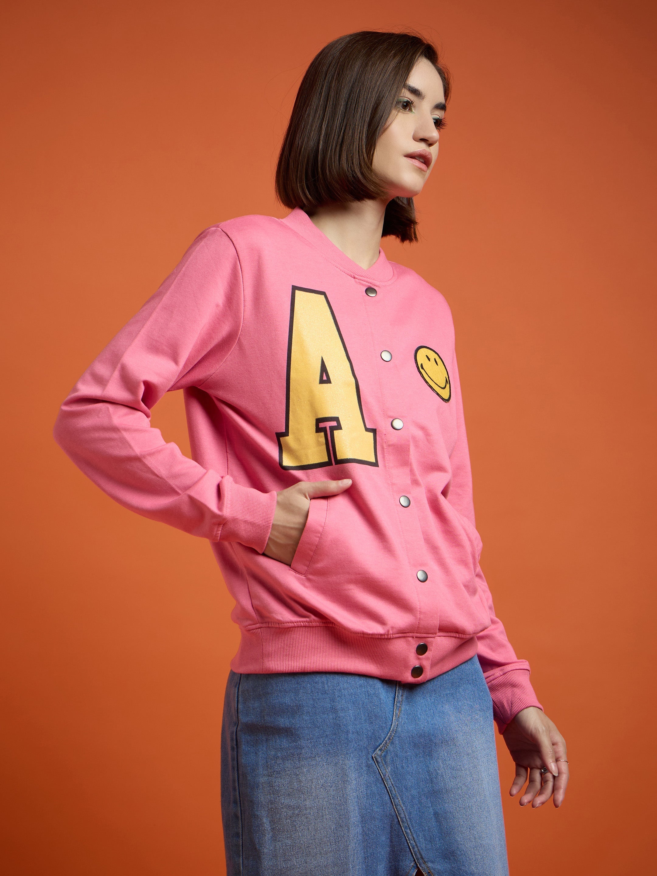 Women Pink Terry Smiley Patch Printed Varsity Jacket