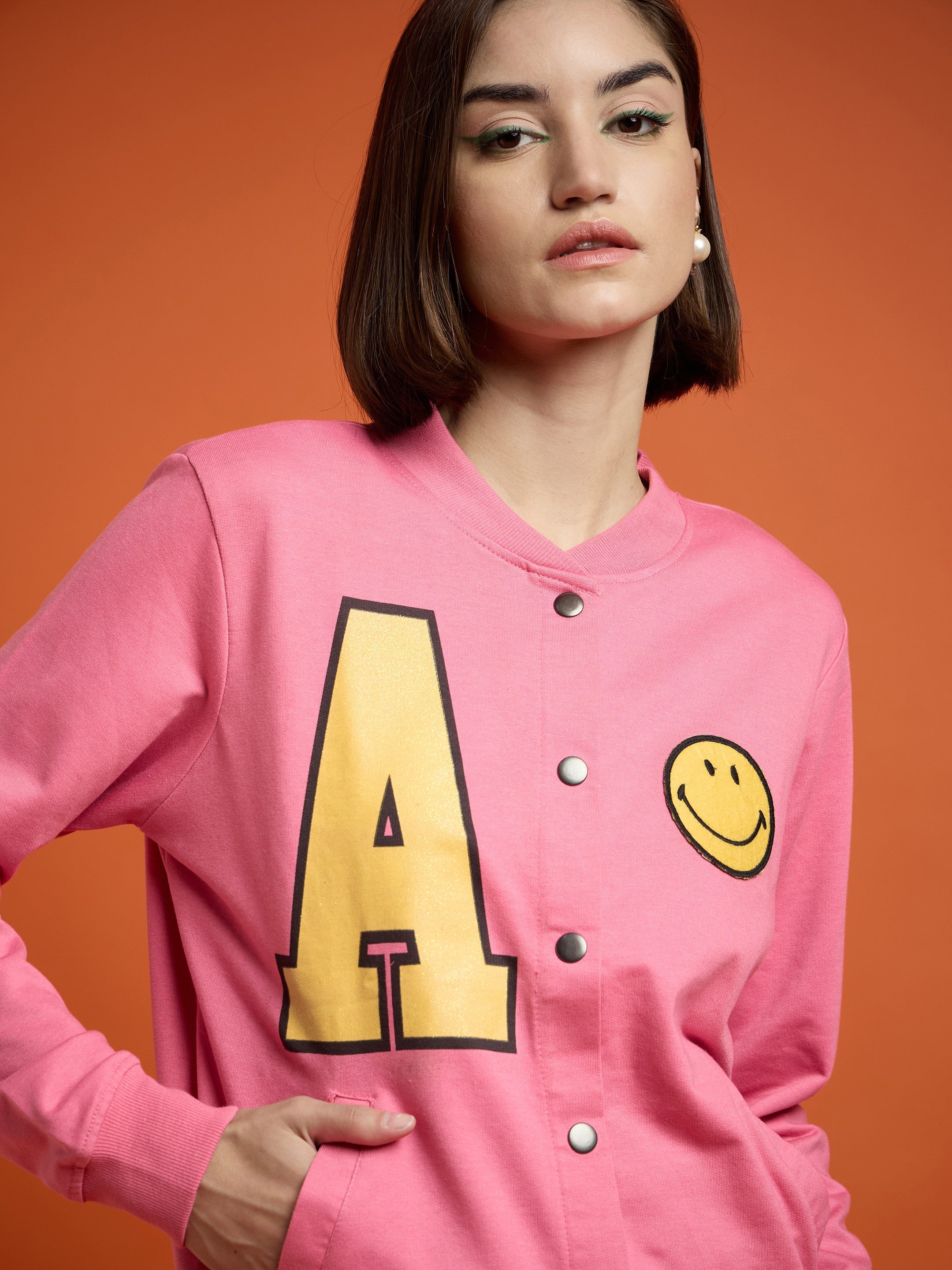 Women Pink Terry Smiley Patch Printed Varsity Jacket