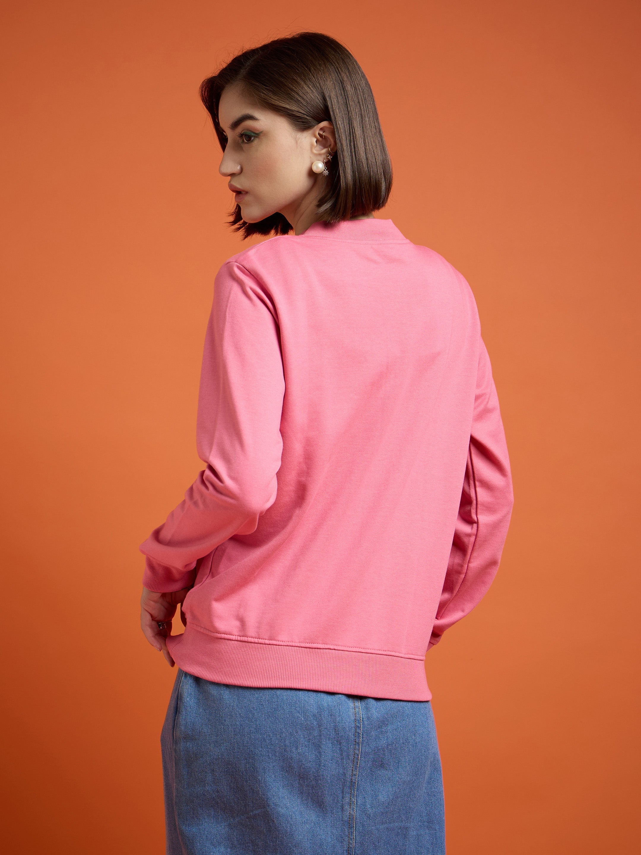 Women Pink Terry Smiley Patch Printed Varsity Jacket