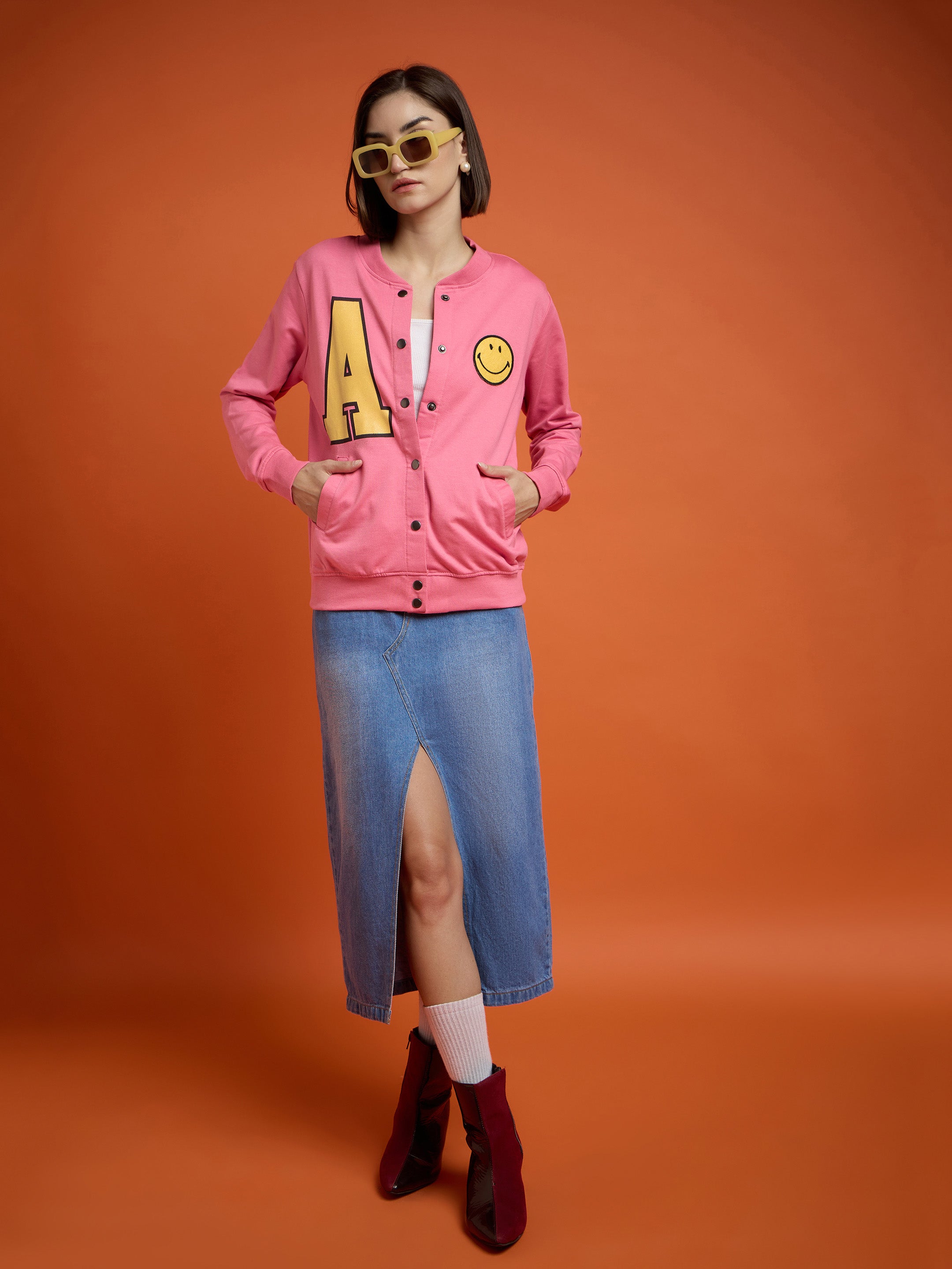 Women Pink Terry Smiley Patch Printed Varsity Jacket