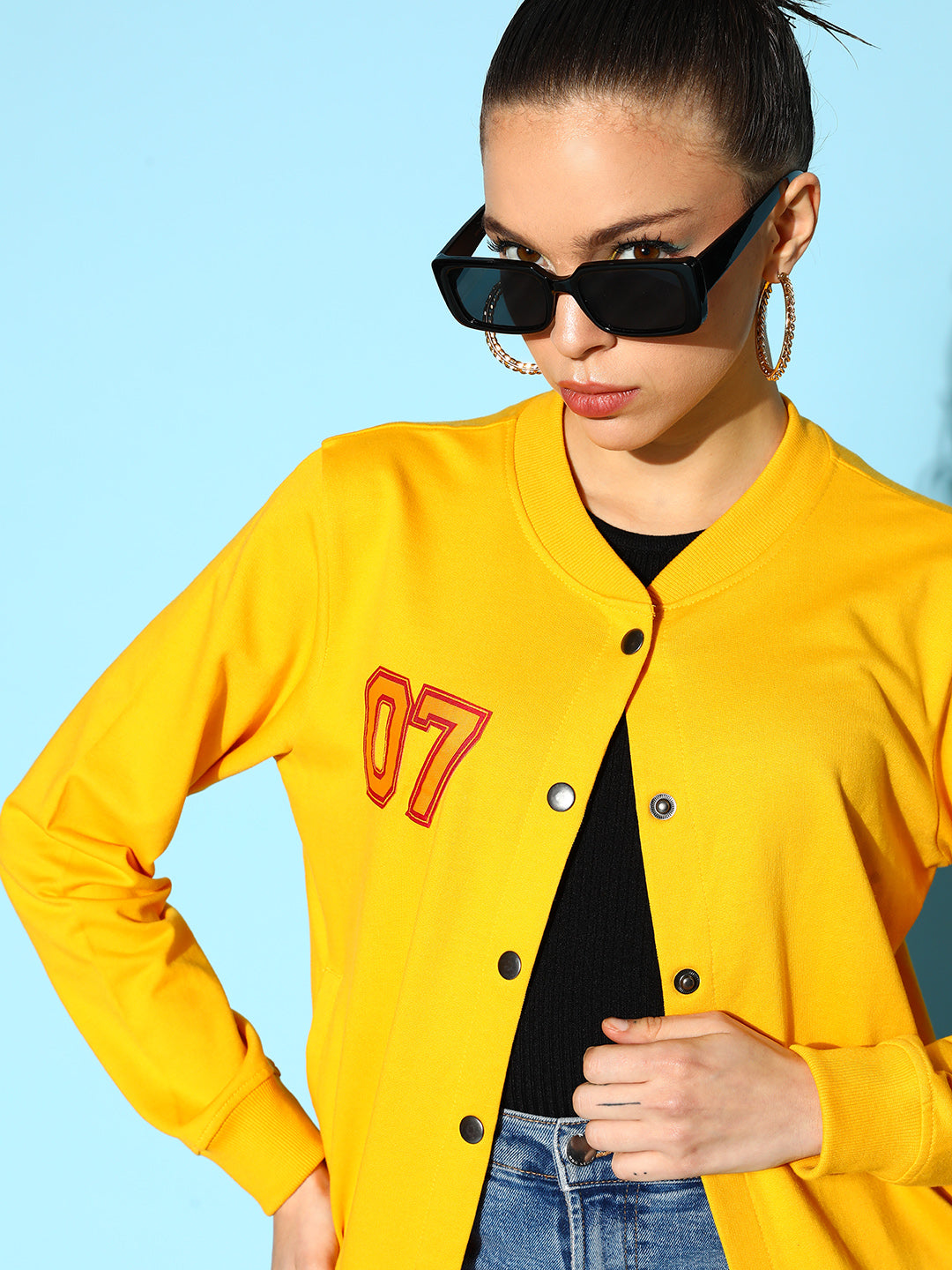 Women Yellow Terry 07 Embroidered Varsity Jacket