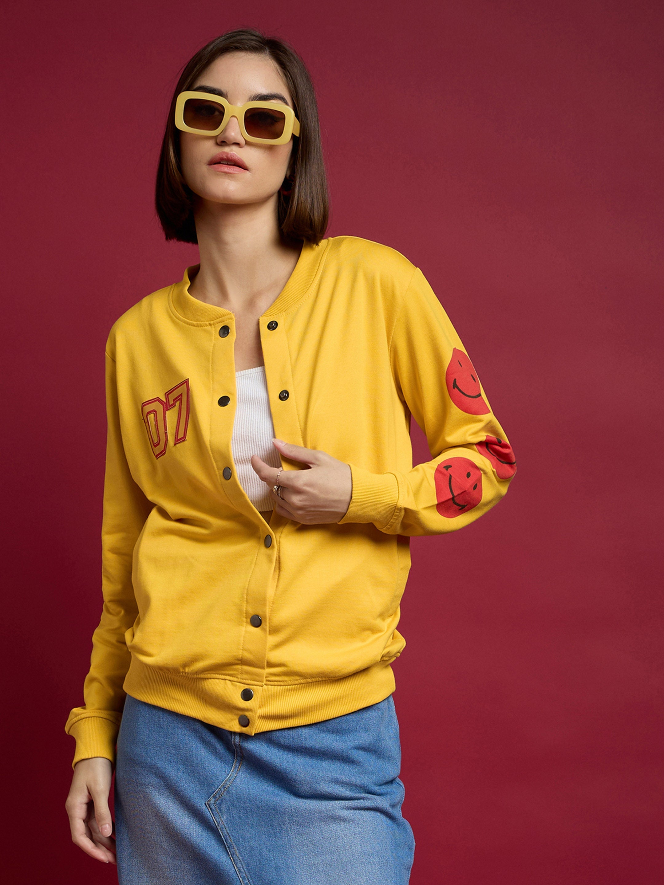 Women Yellow Terry 07 Embroidered Varsity Jacket