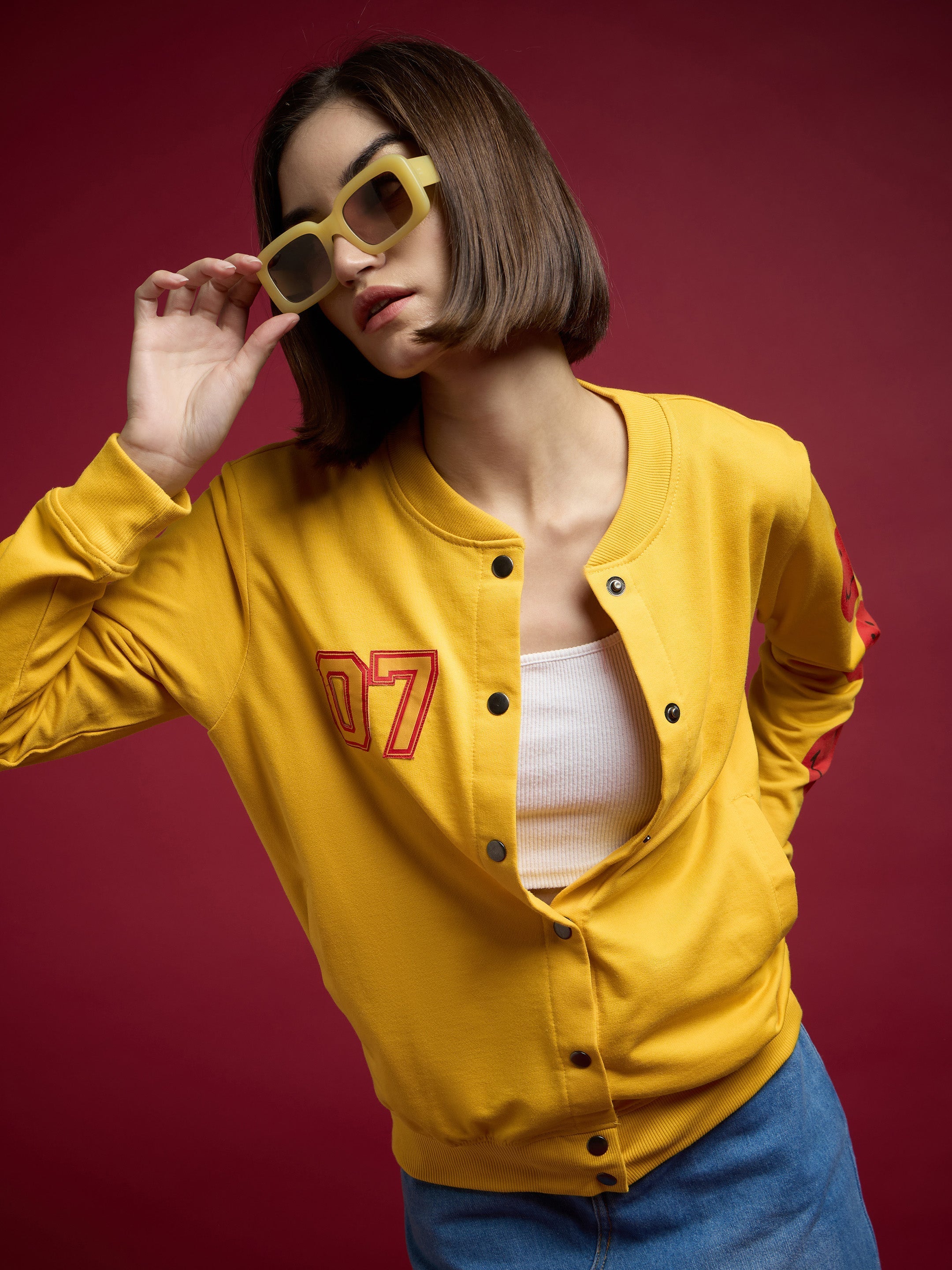 Women Yellow Terry 07 Embroidered Varsity Jacket