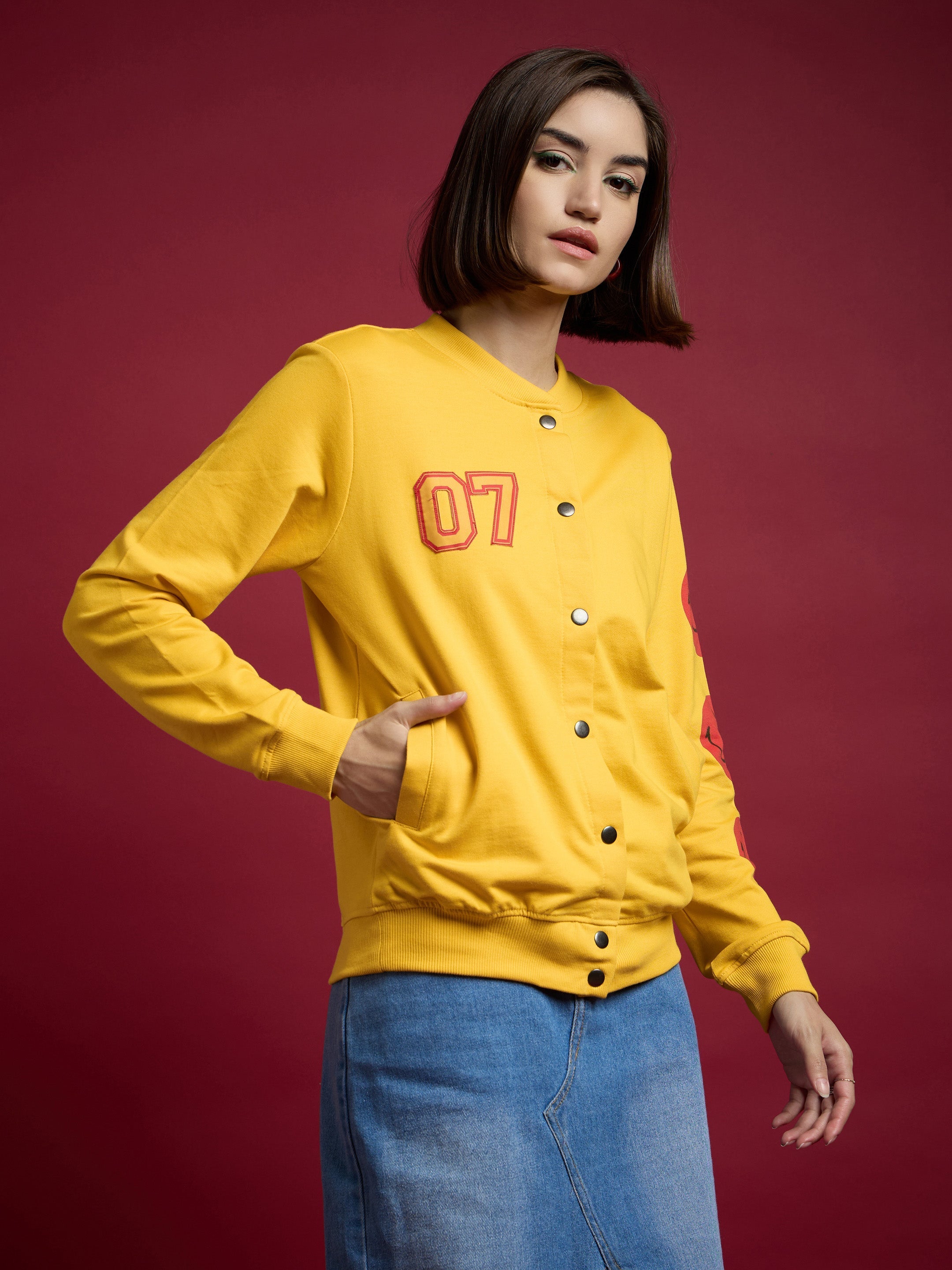 Women Yellow Terry 07 Embroidered Varsity Jacket