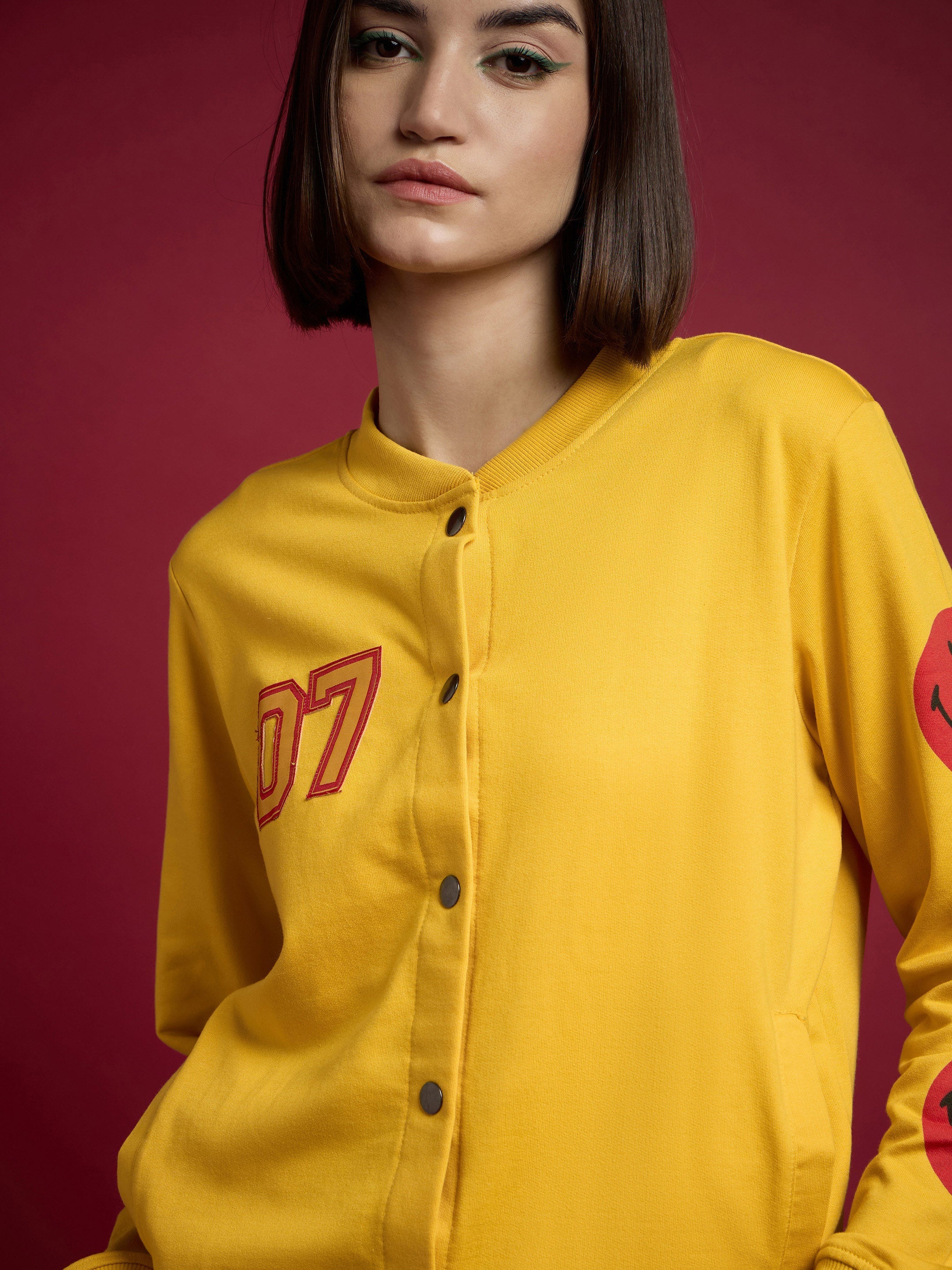 Women Yellow Terry 07 Embroidered Varsity Jacket