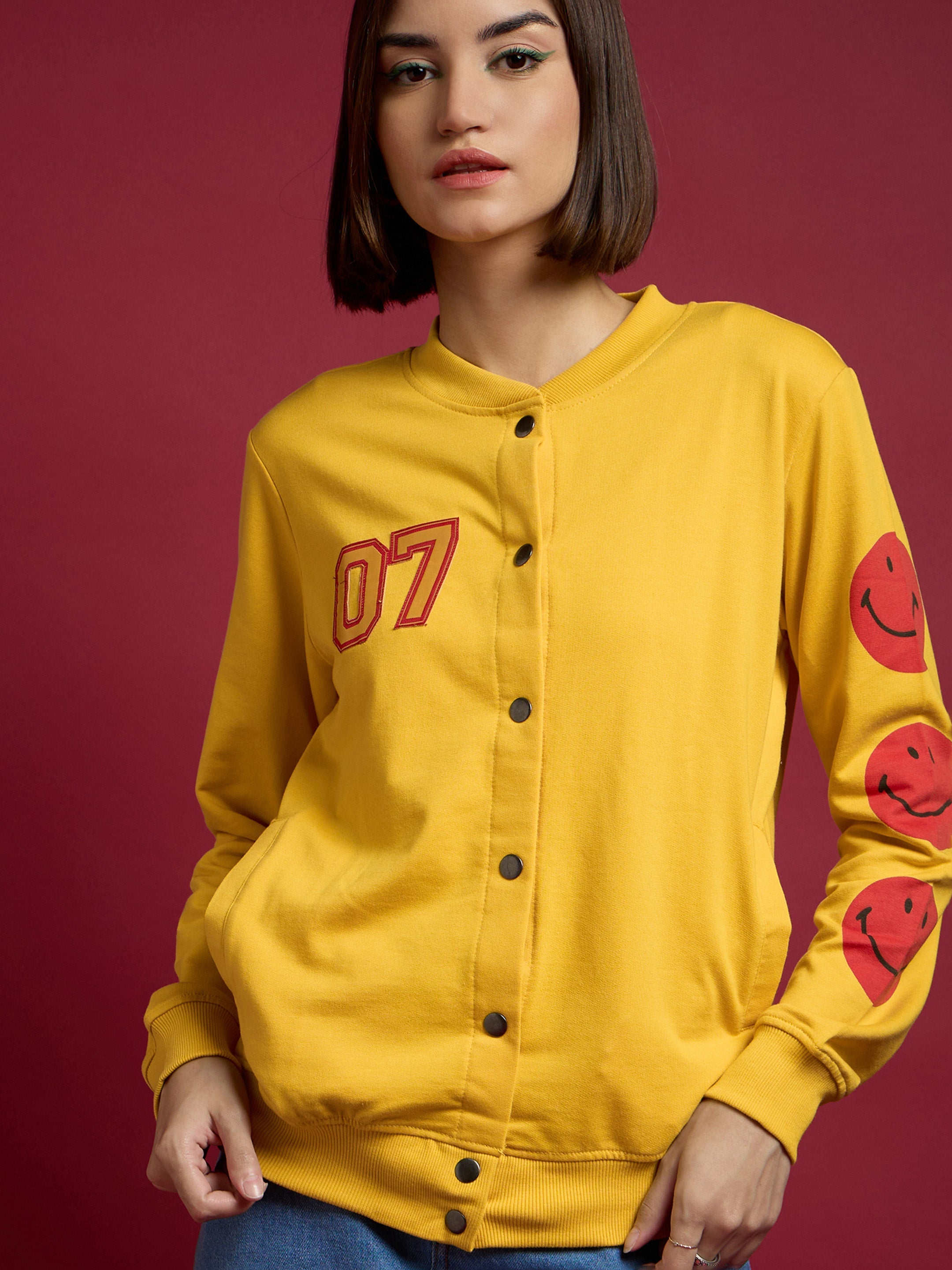 Women Yellow Terry 07 Embroidered Varsity Jacket