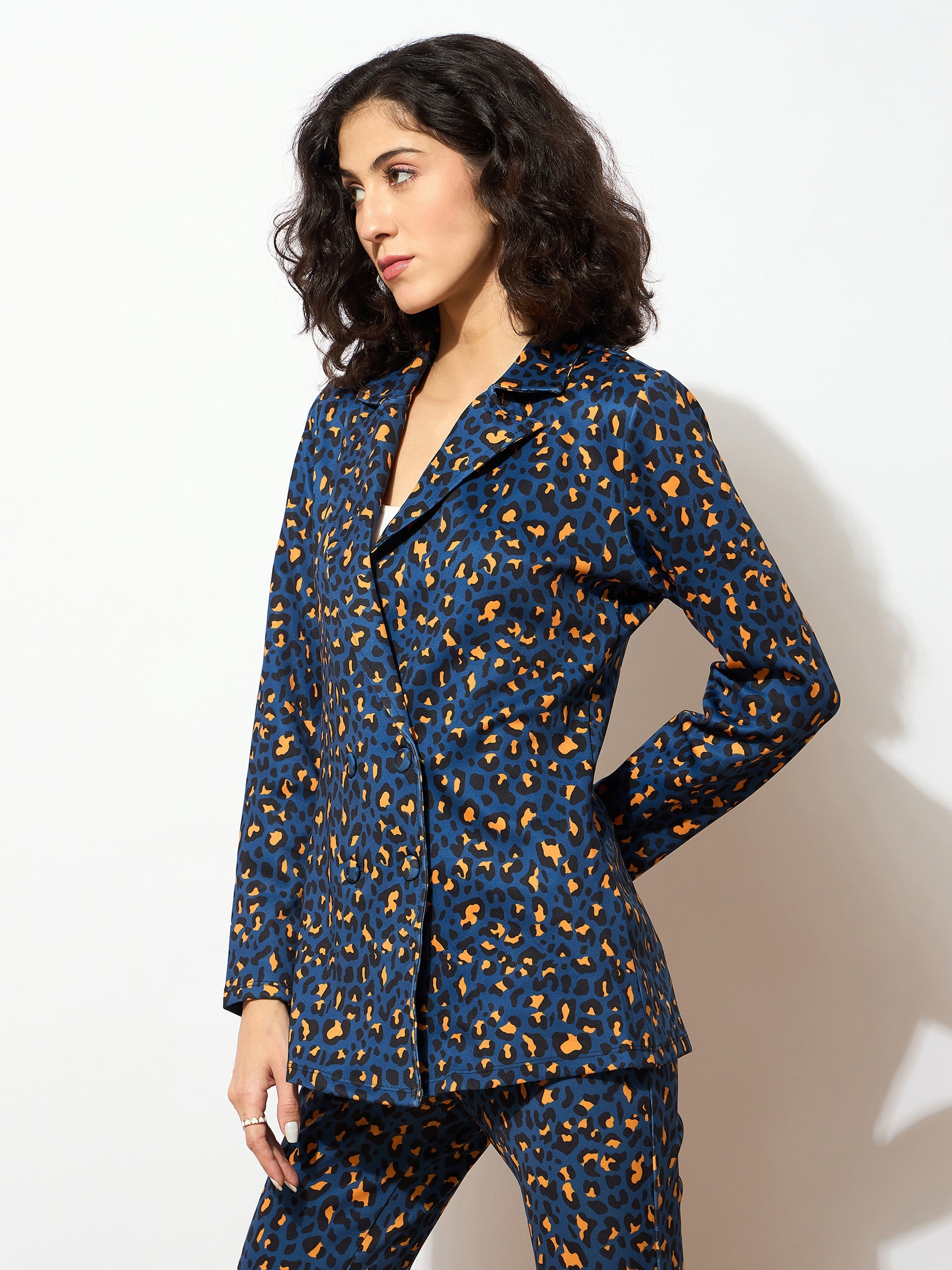 Women Navy Cheetah Scuba Double Breasted Blazer