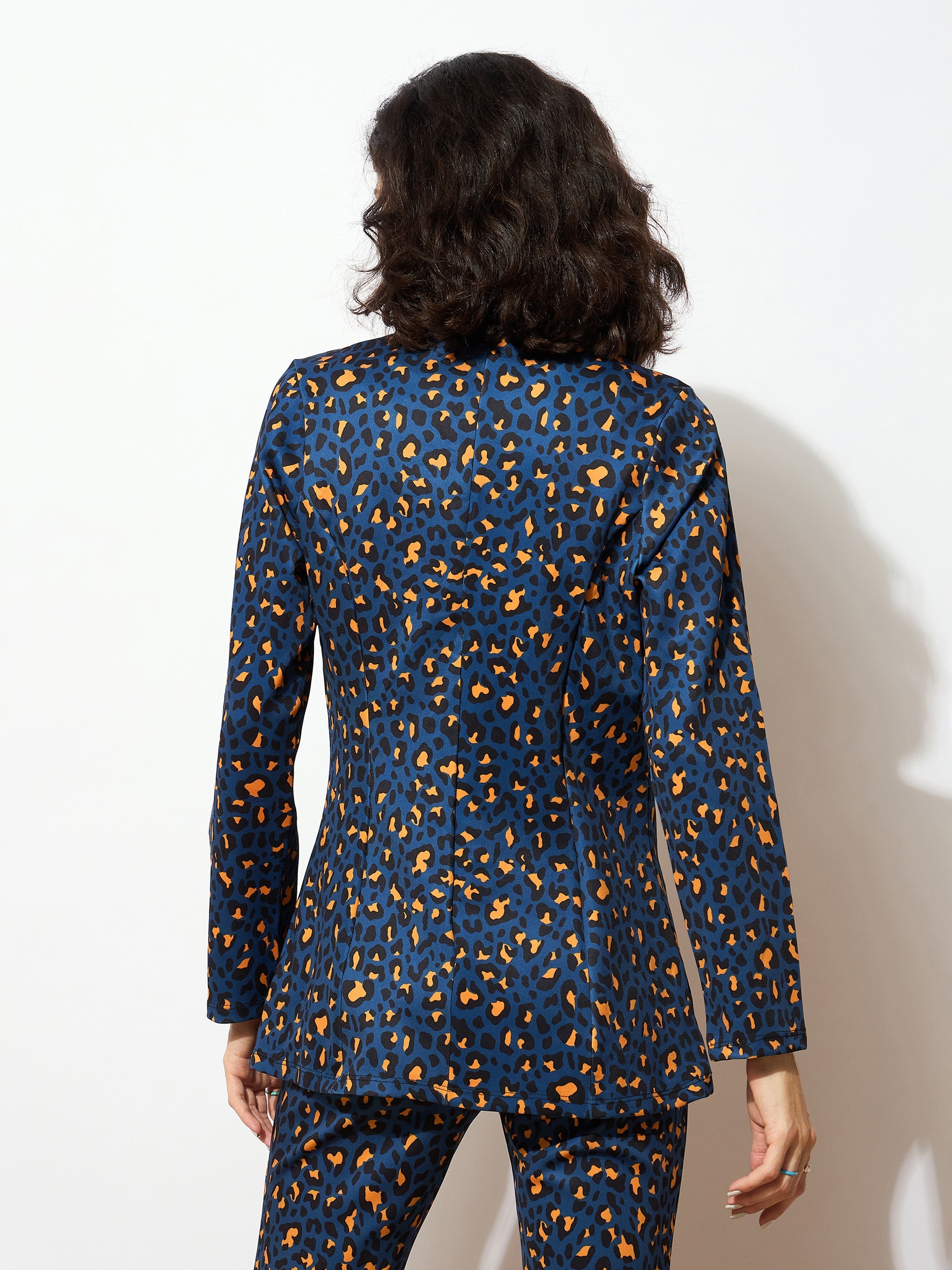 Women Navy Cheetah Scuba Double Breasted Blazer