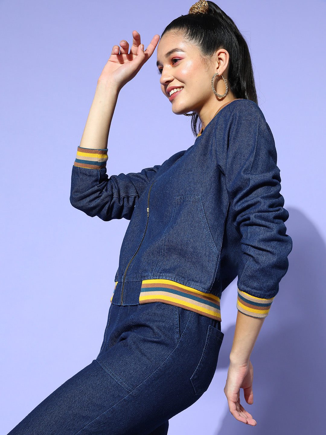 Women Navy Denim Striped Rib Bomber Jacket