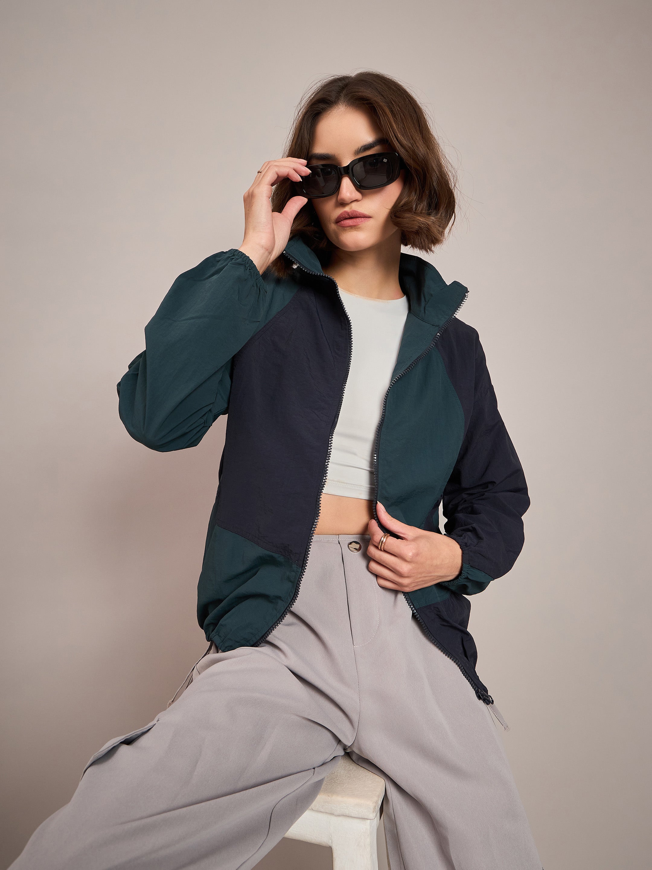 Women Green ColourBlock Parachute Zipper Jacket