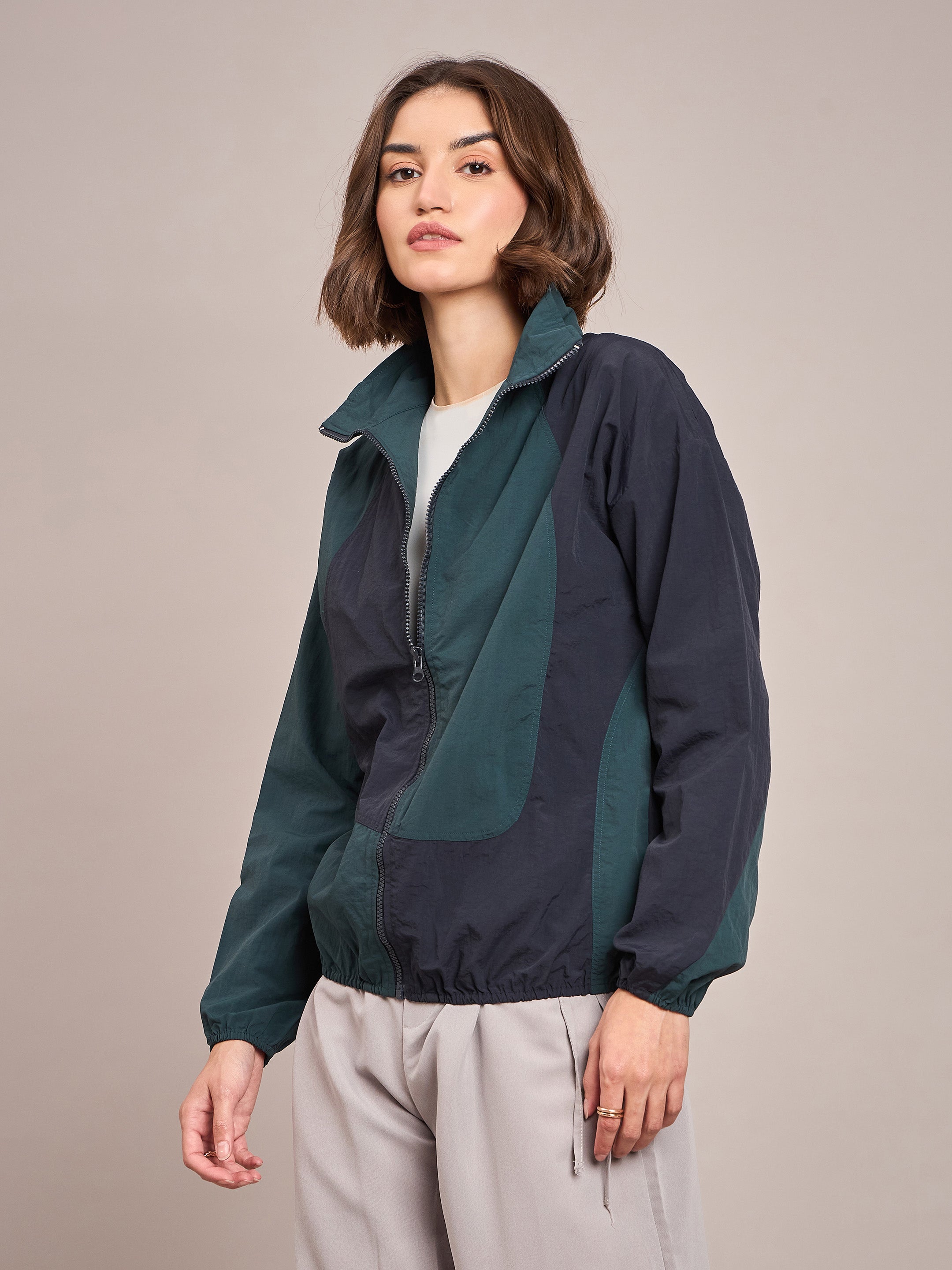 Women Green ColourBlock Parachute Zipper Jacket