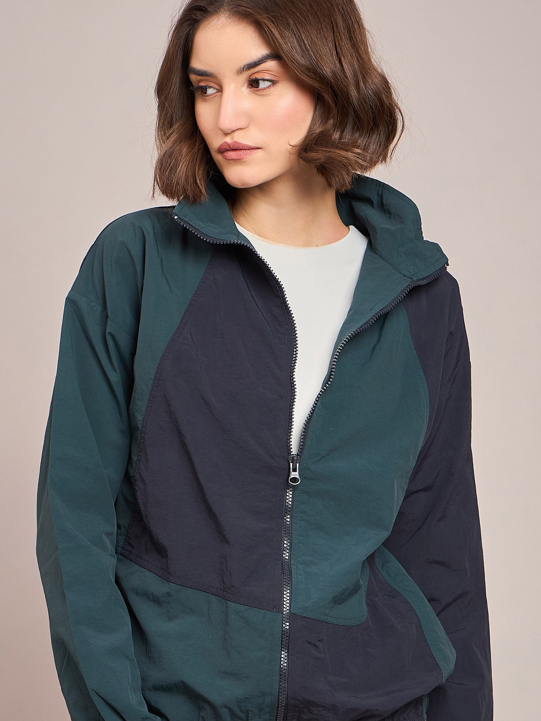 Women Green ColourBlock Parachute Zipper Jacket