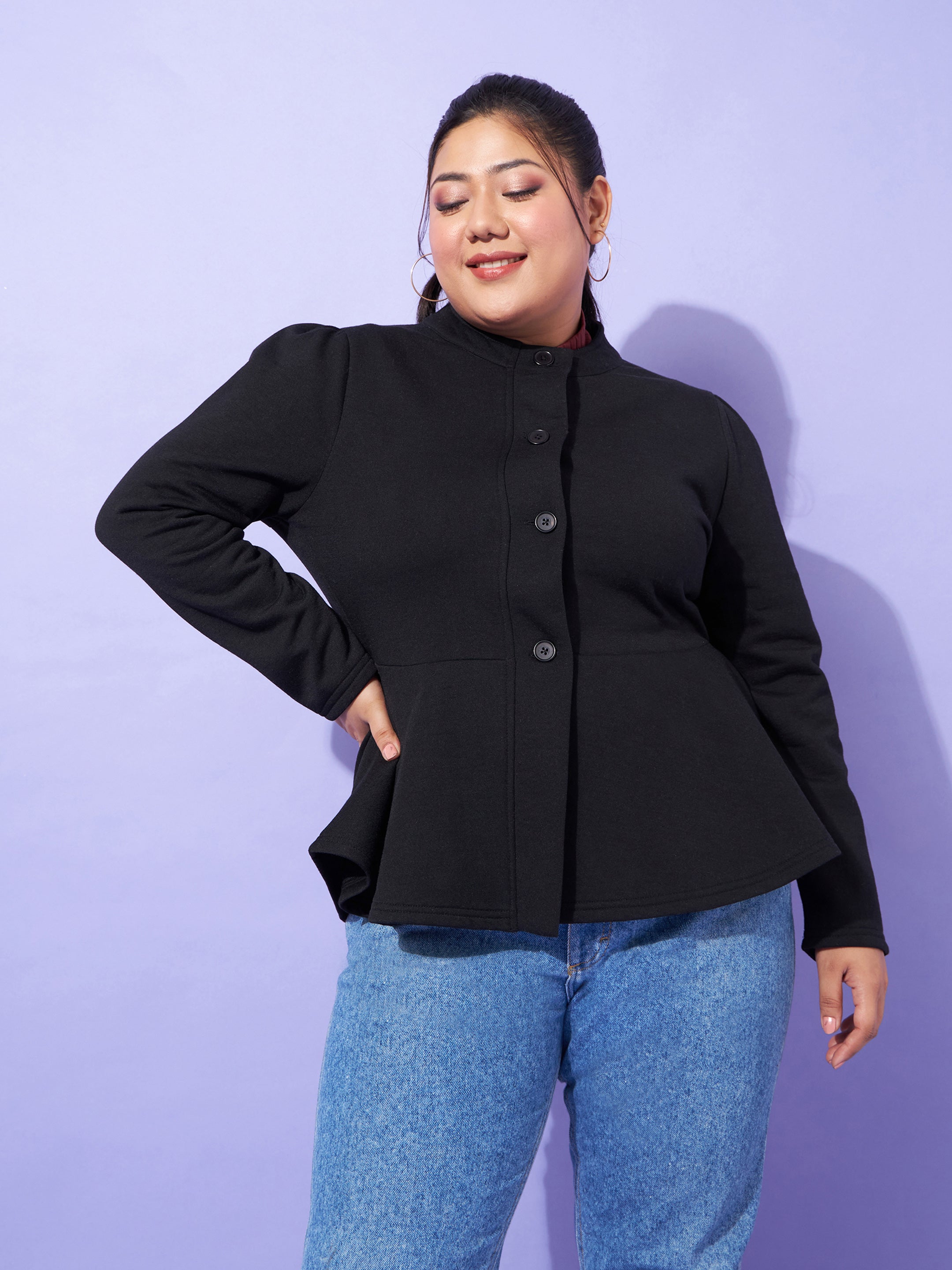 Women Black Fleece Button Peplum Jacket