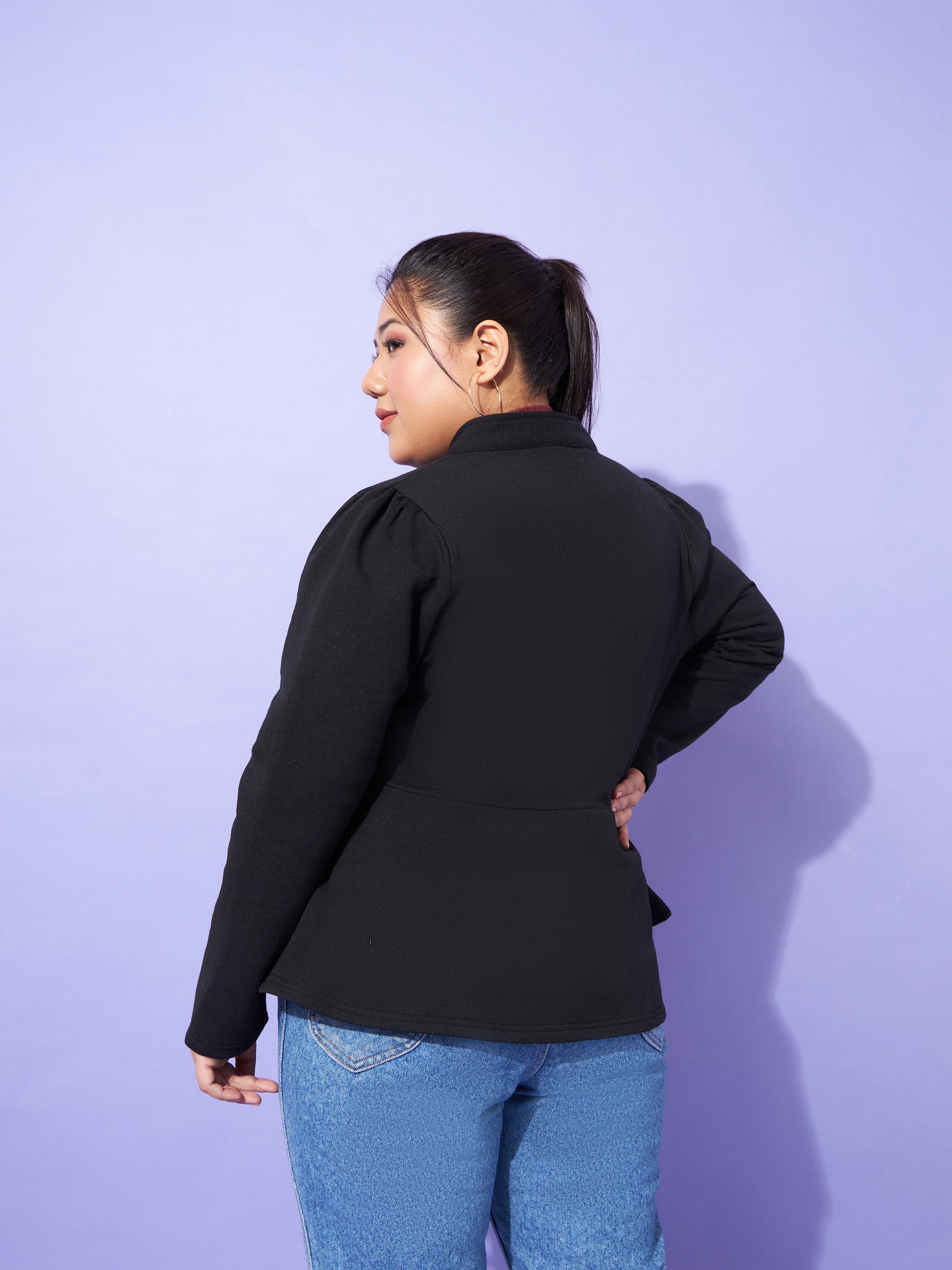 Women Black Fleece Button Peplum Jacket