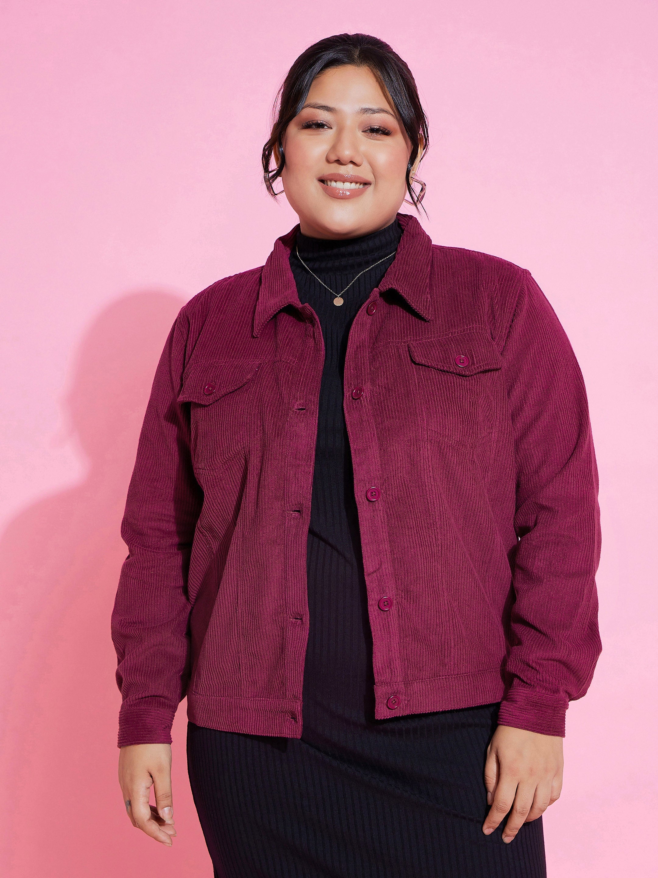 Women Burgundy Corduroy Button Jacket