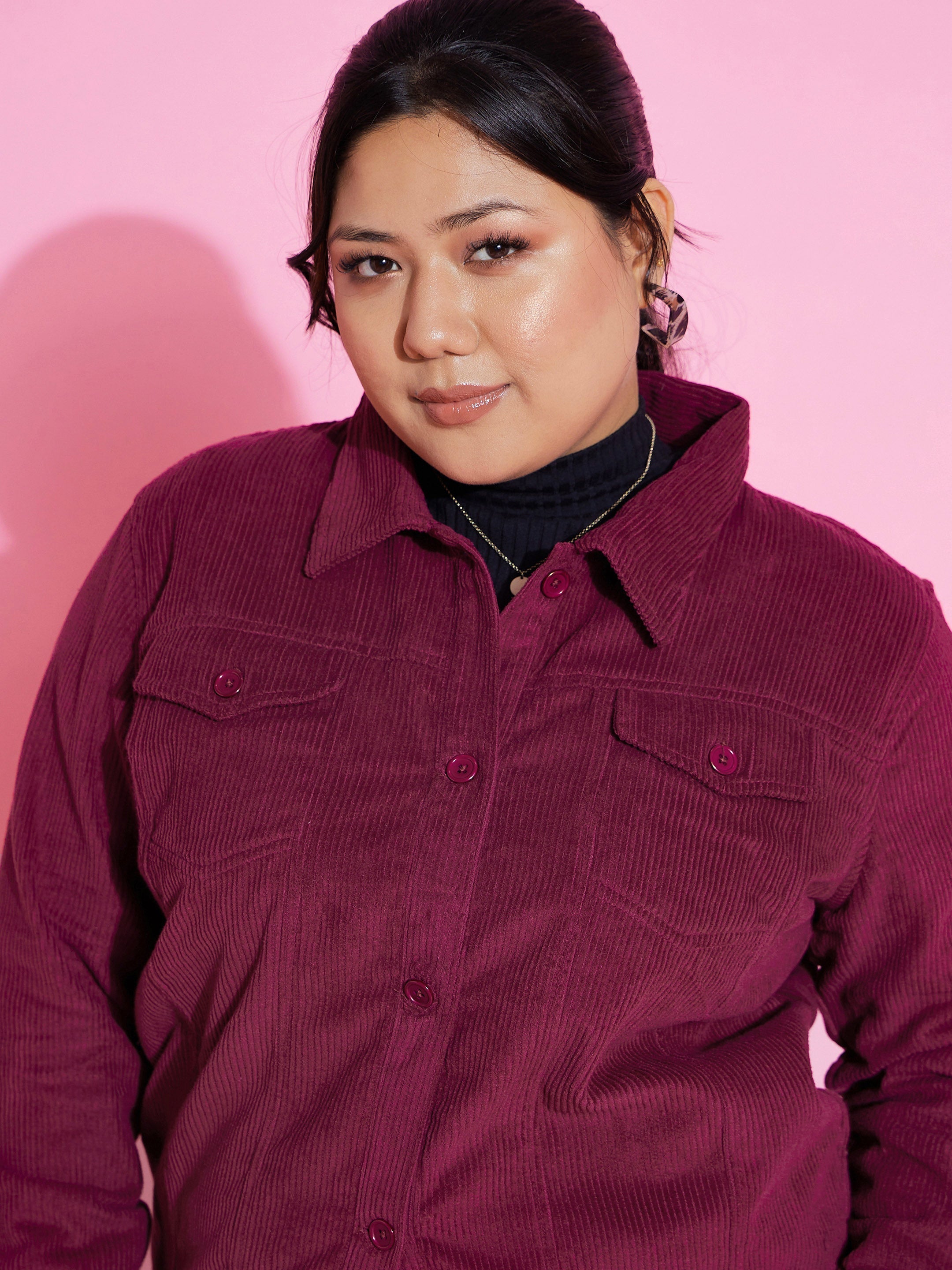 Women Burgundy Corduroy Button Jacket