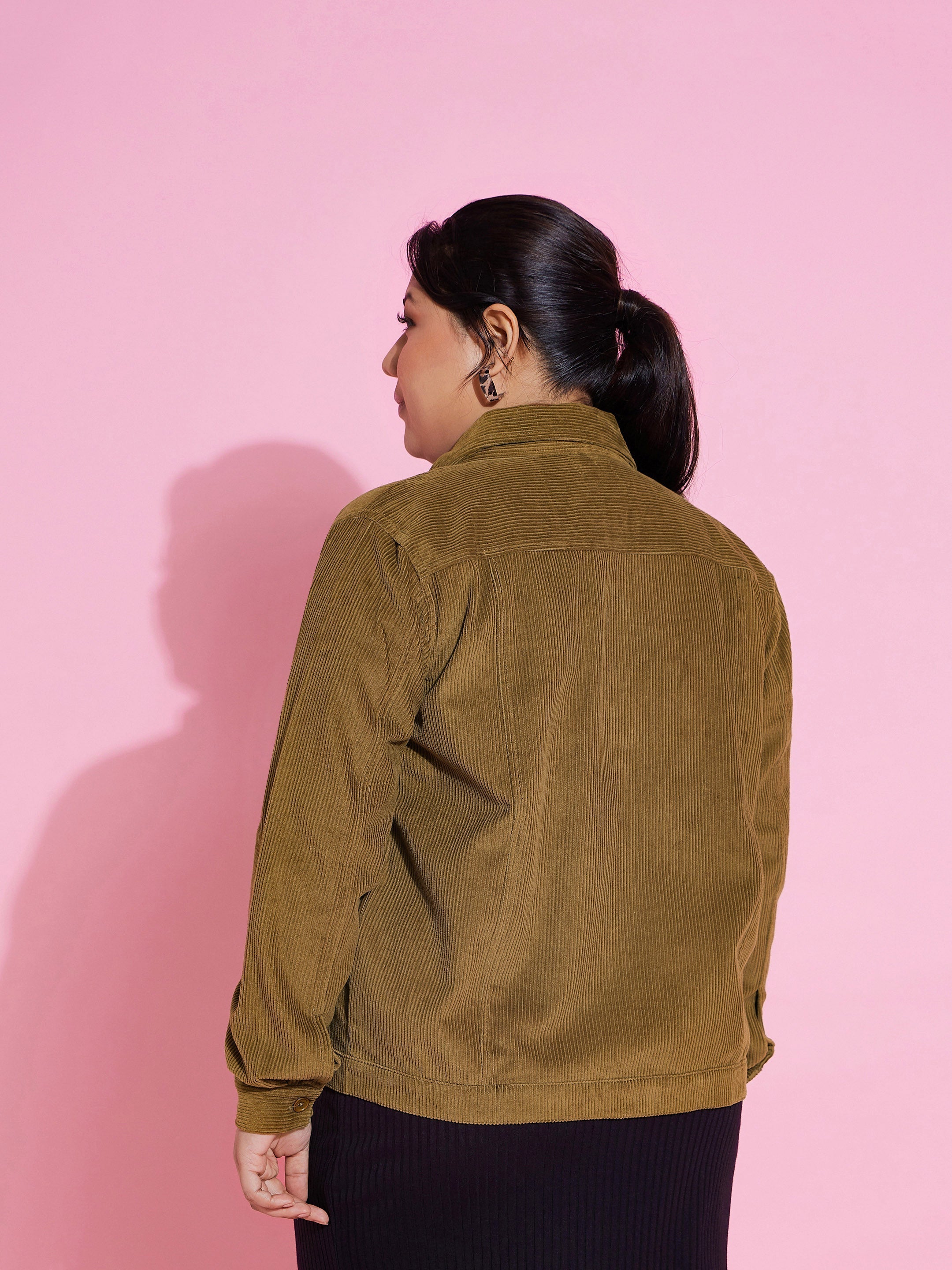 Women Beige Corduroy Button Jacket