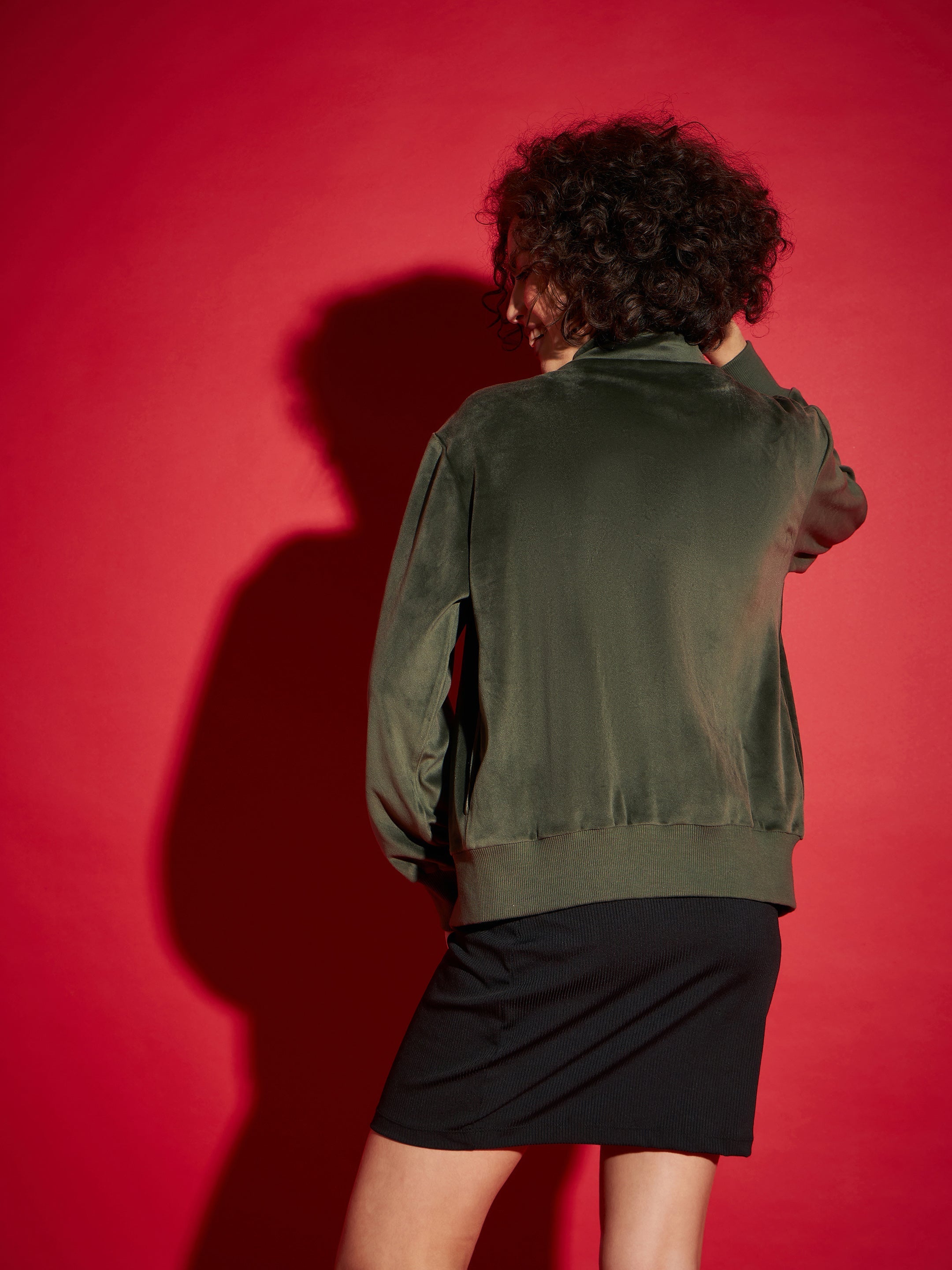 Women Olive Velour Zipper Jacket