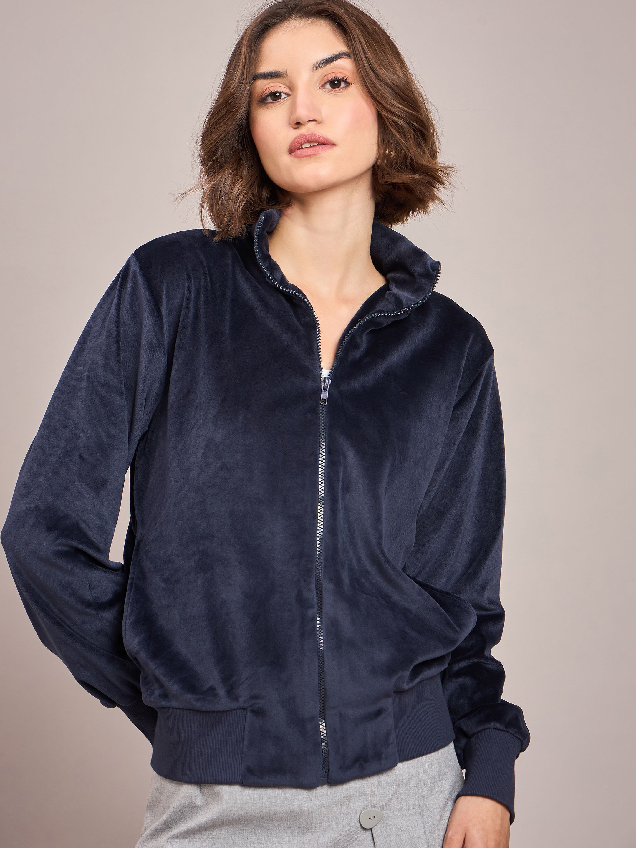 Women Navy Velour Zipper Jacket