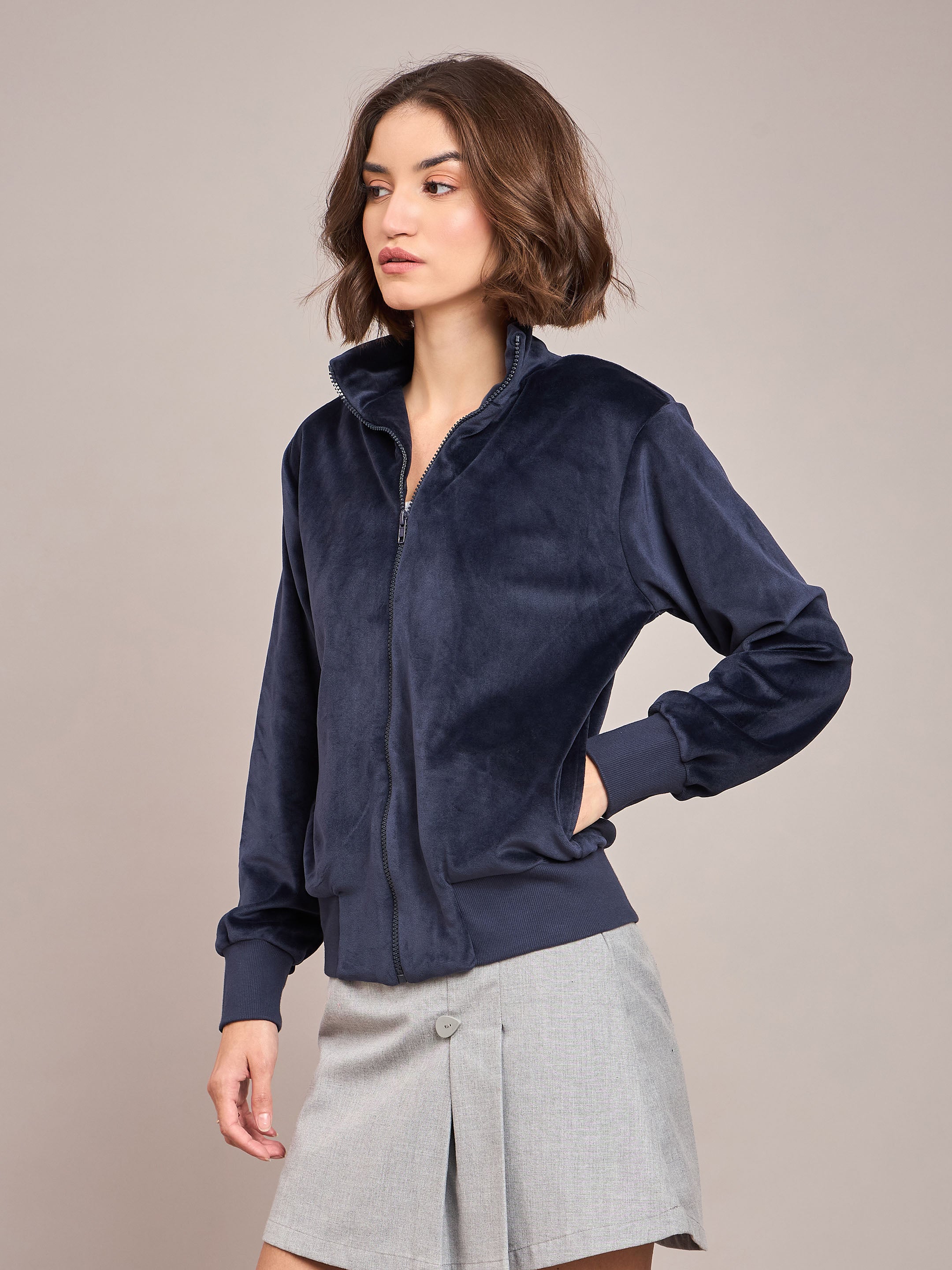 Women Navy Velour Zipper Jacket