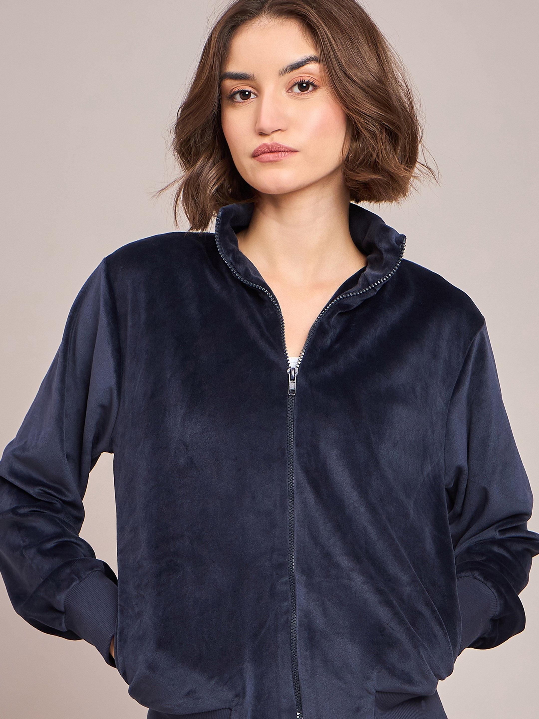 Women Navy Velour Zipper Jacket