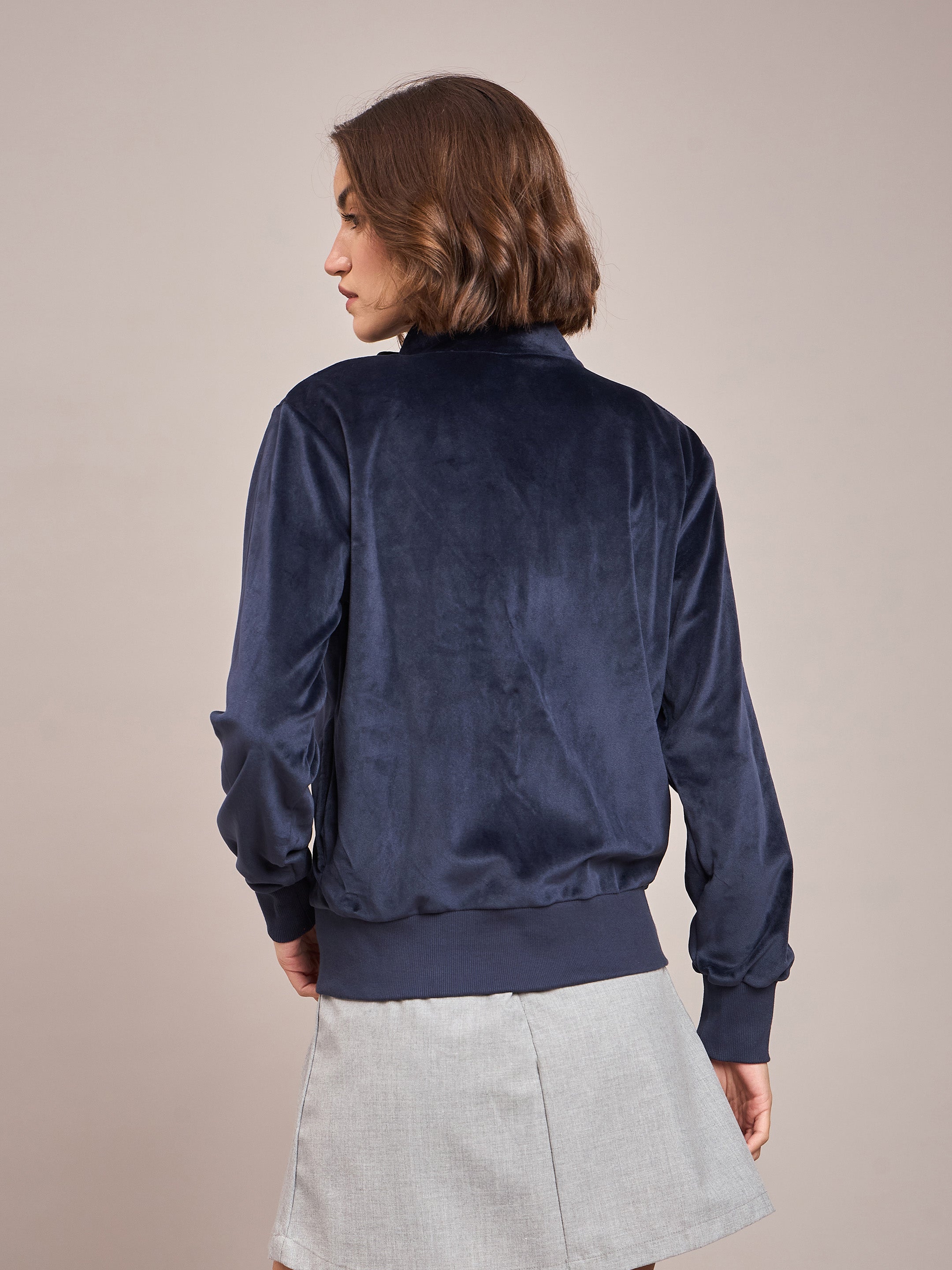 Women Navy Velour Zipper Jacket