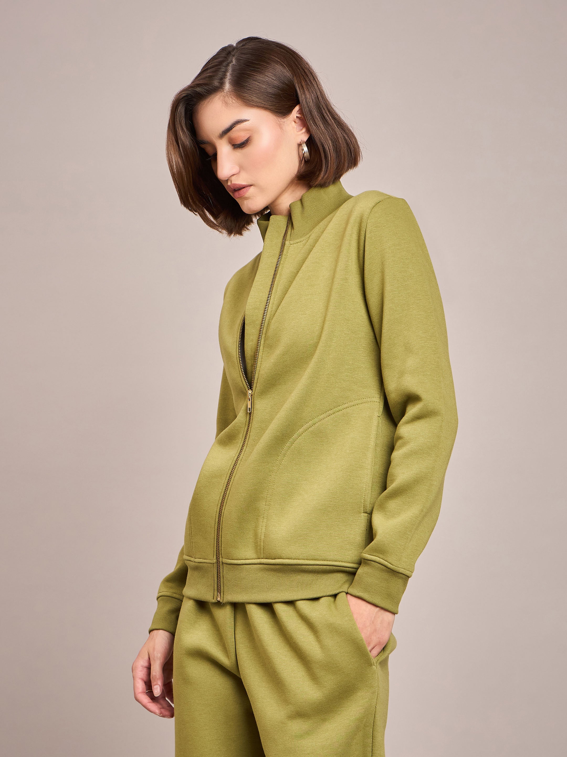 Women Olive Fleece Zipper Jacket