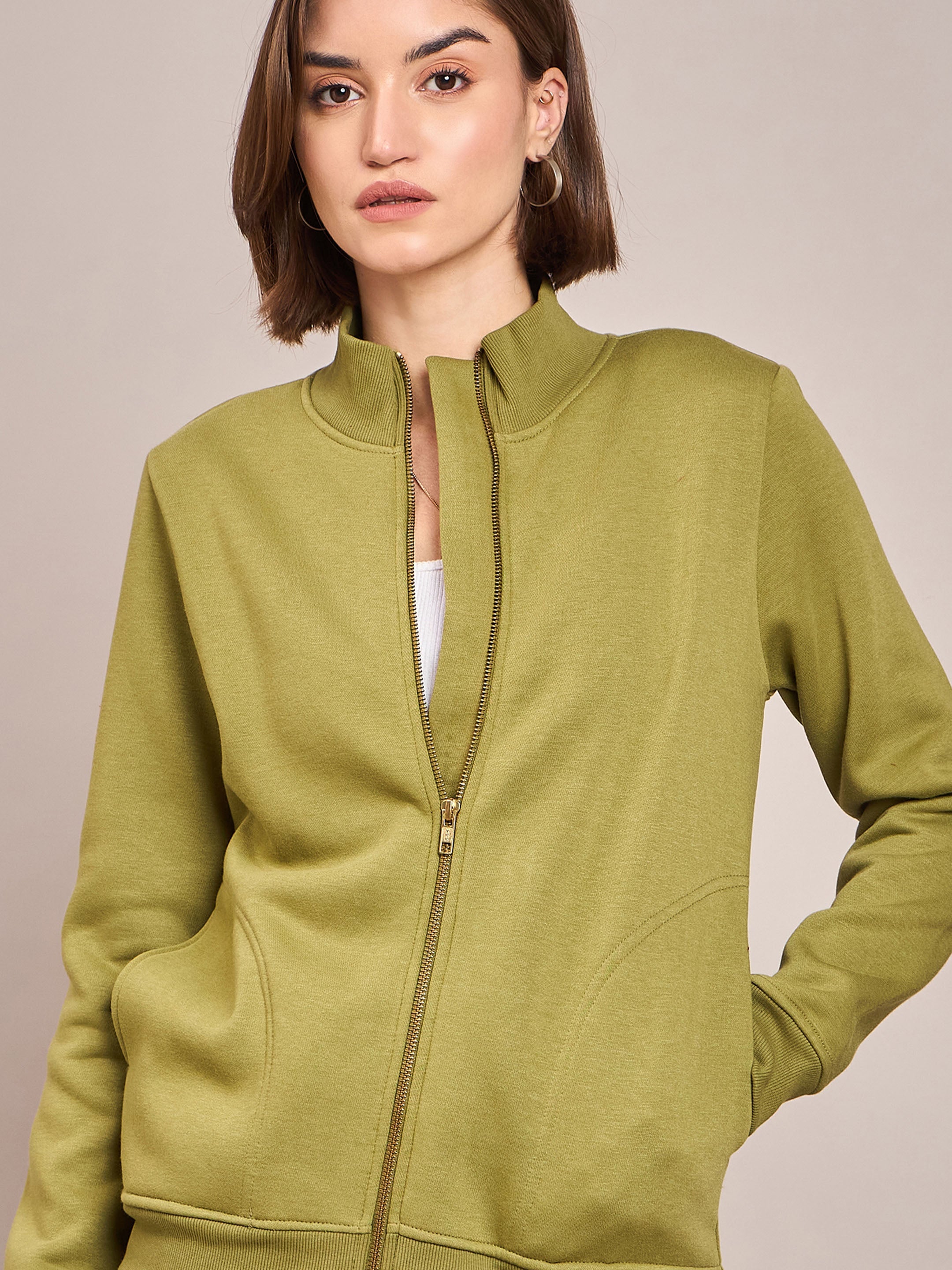 Women Olive Fleece Zipper Jacket