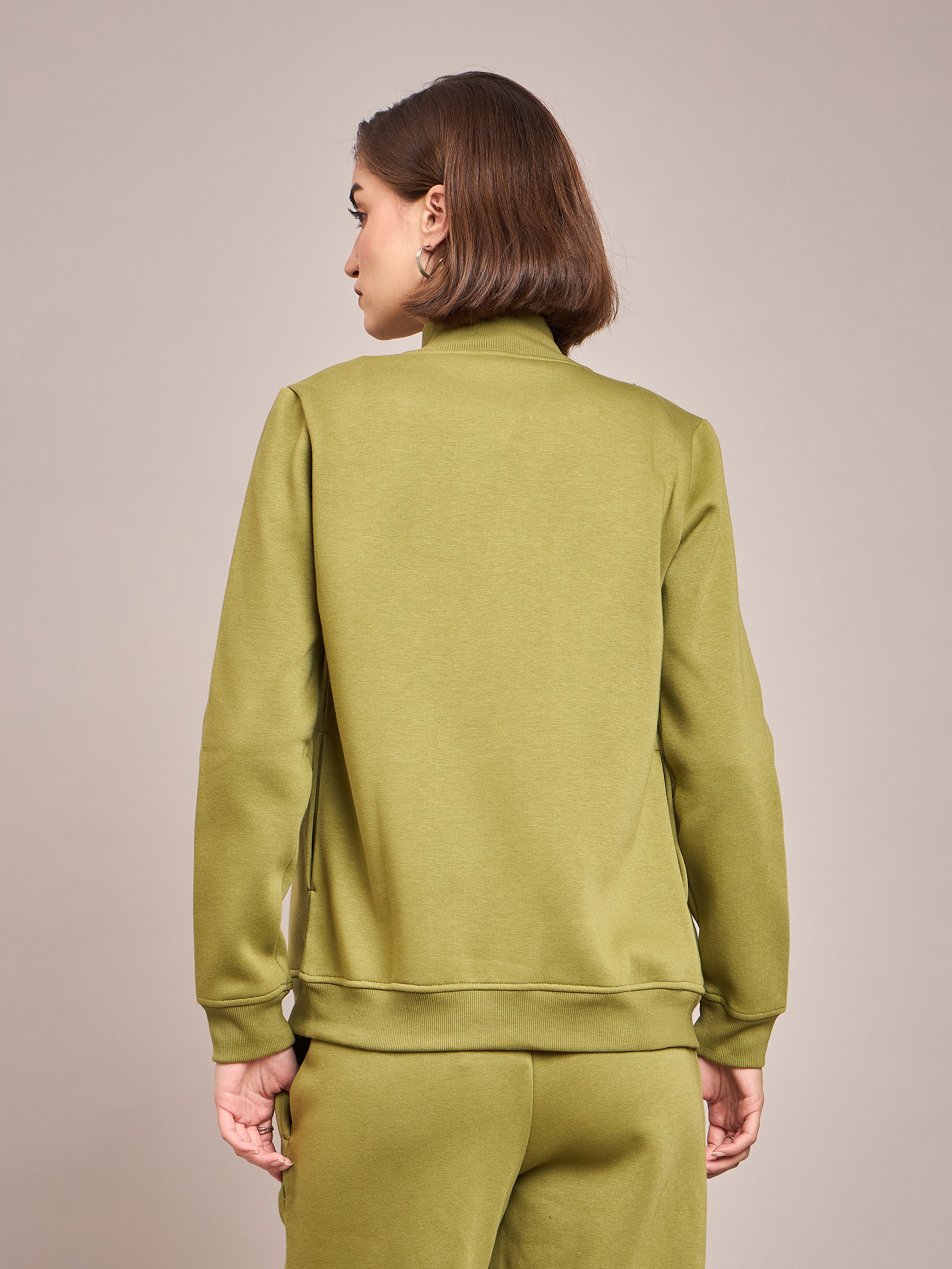 Women Olive Fleece Zipper Jacket