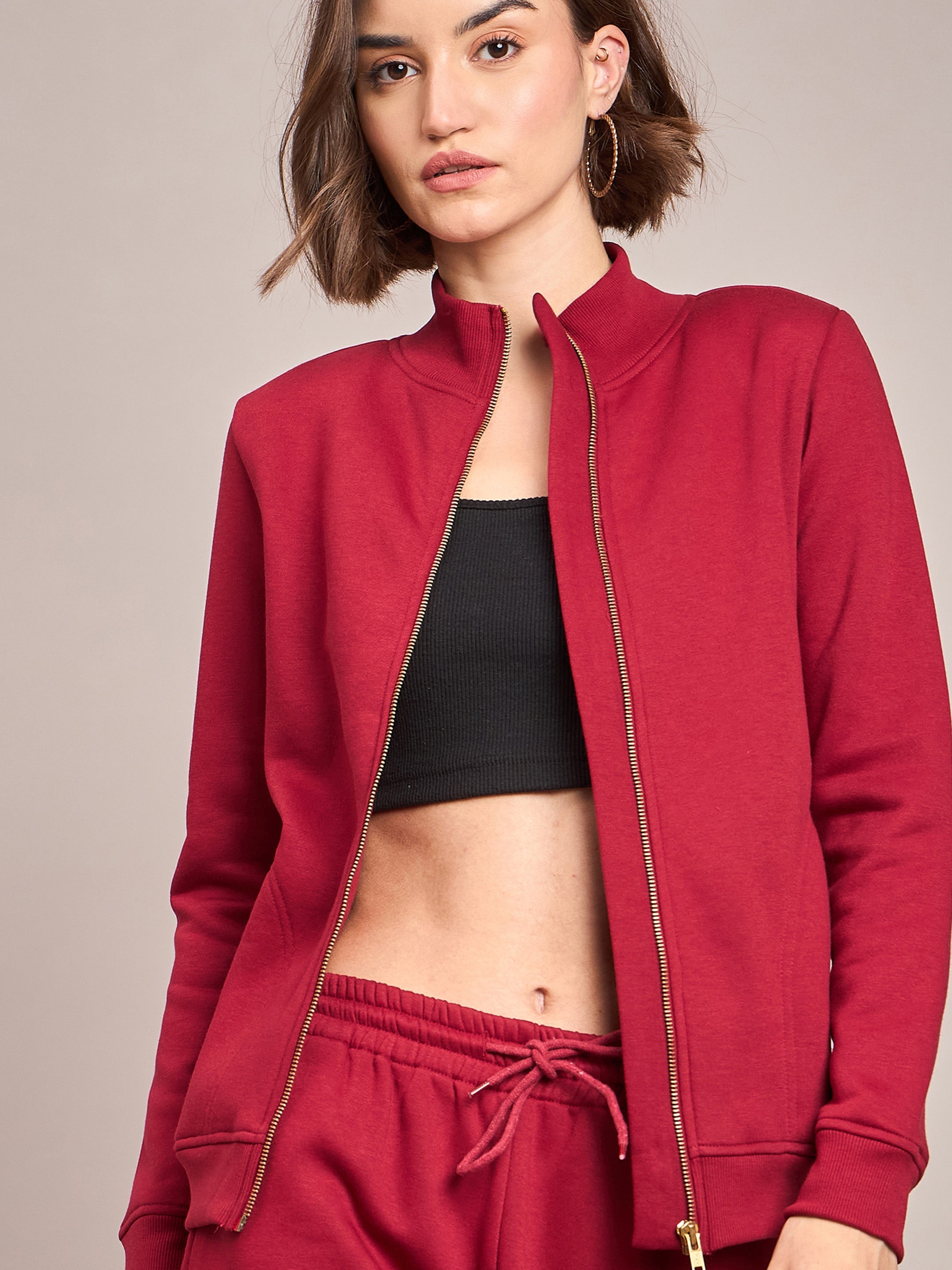 Women Maroon Fleece Zipper Jacket