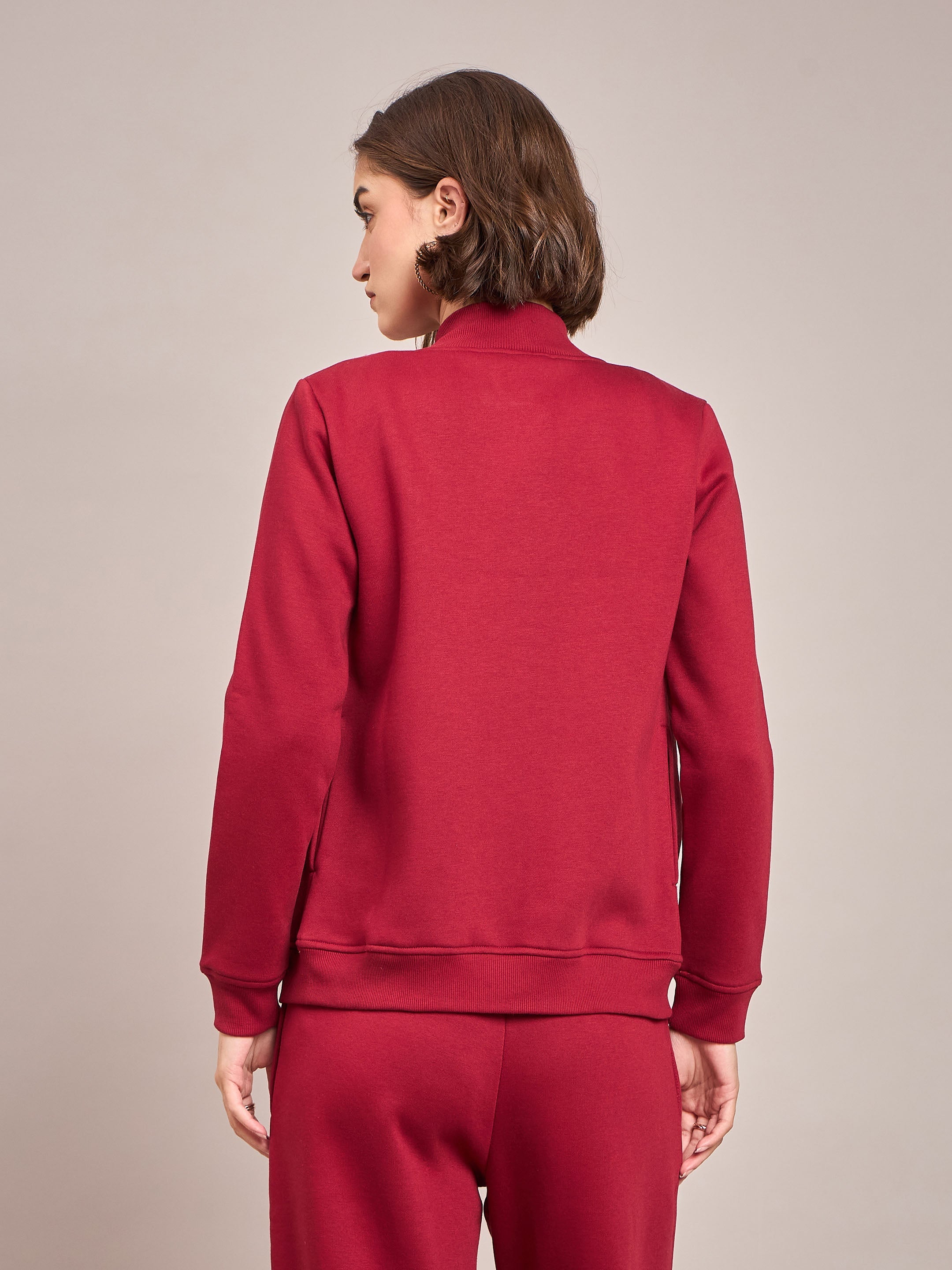 Women Maroon Fleece Zipper Jacket