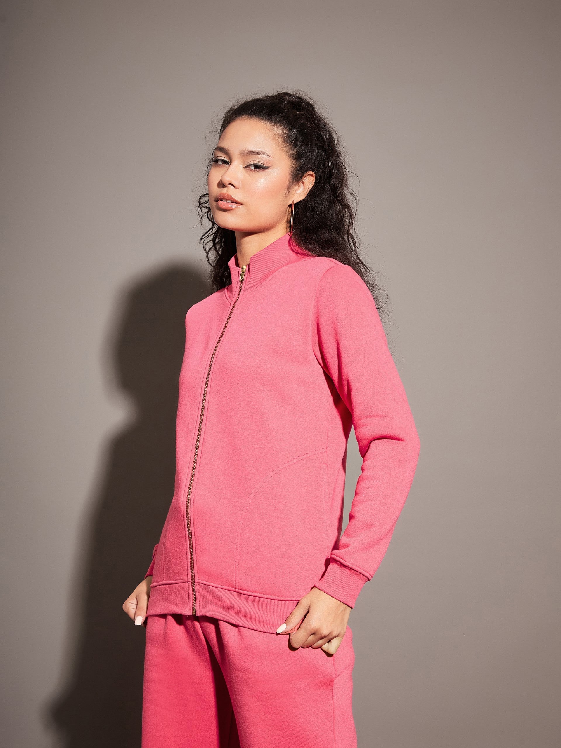 Women Pink Fleece Zipper Jacket