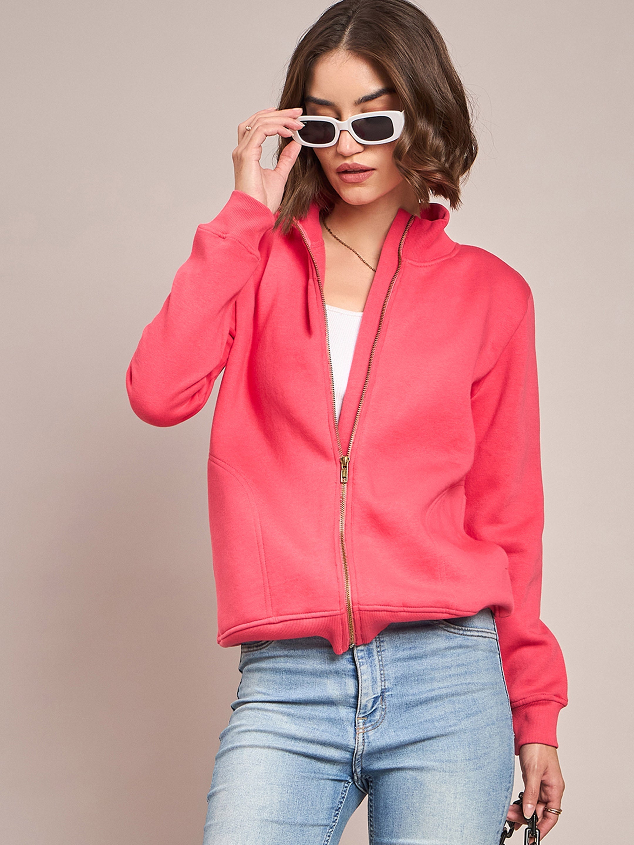 Women Pink Fleece Zipper Jacket