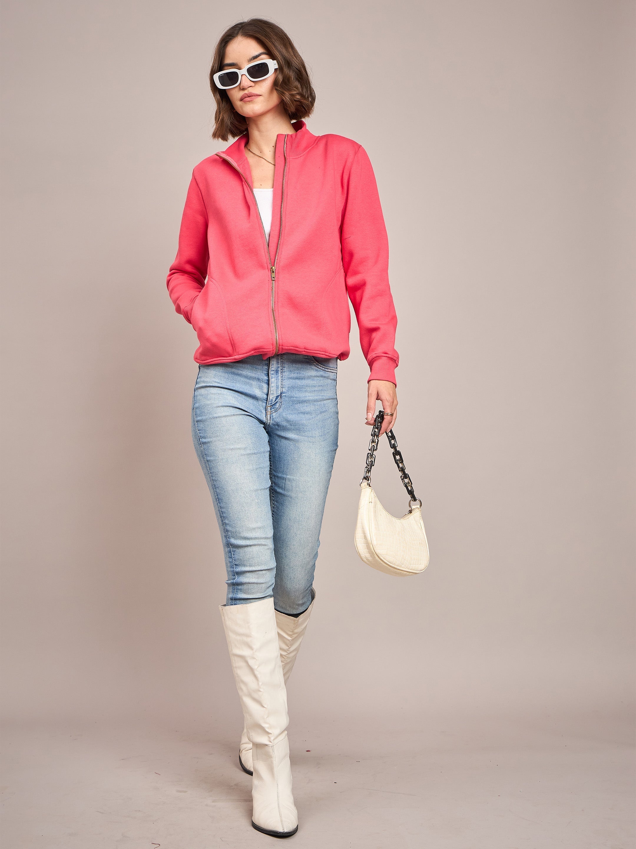 Women Pink Fleece Zipper Jacket